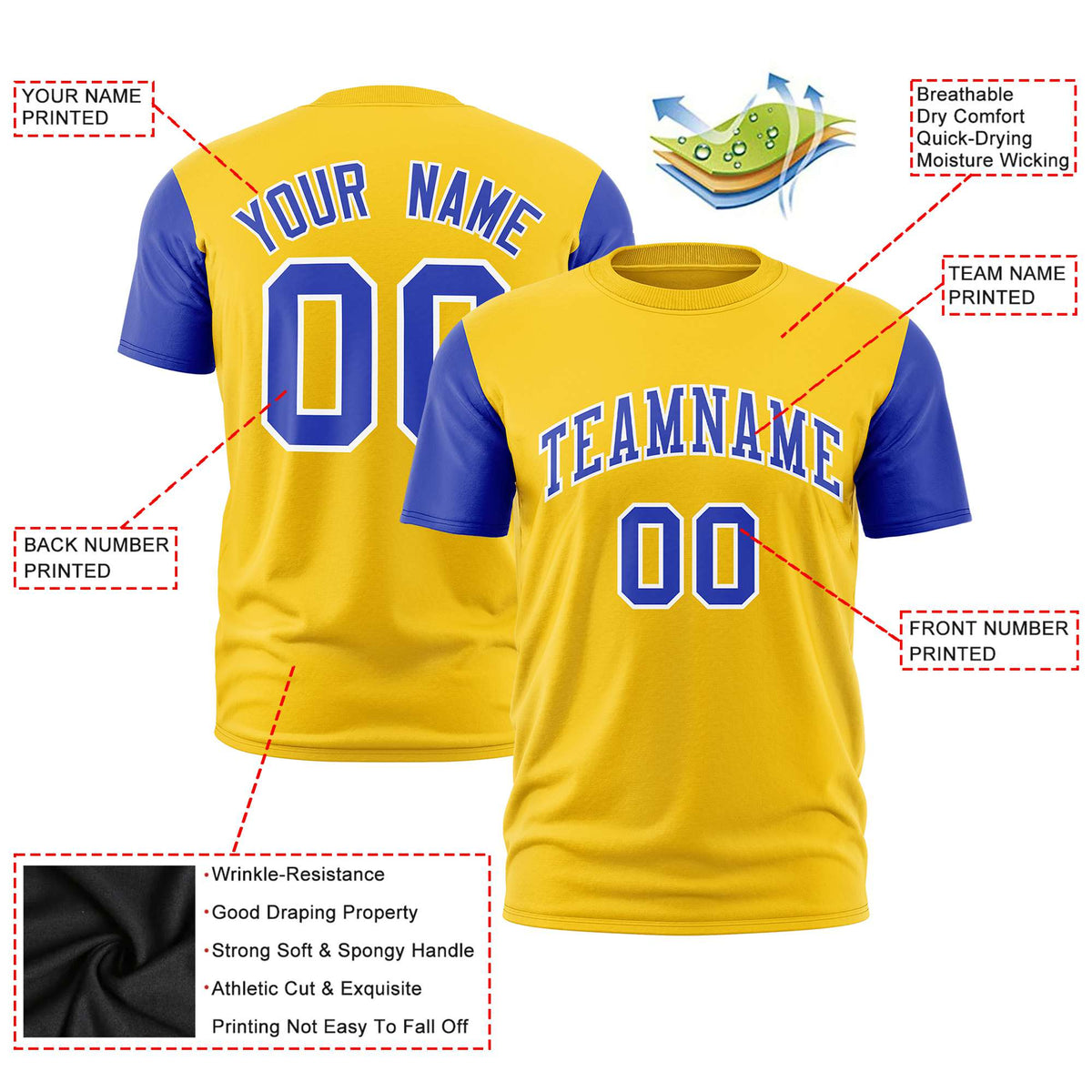 Custom Yellow Royal Blue White Crew Neck Personalized Raglan Sleeve Performance T-shirt