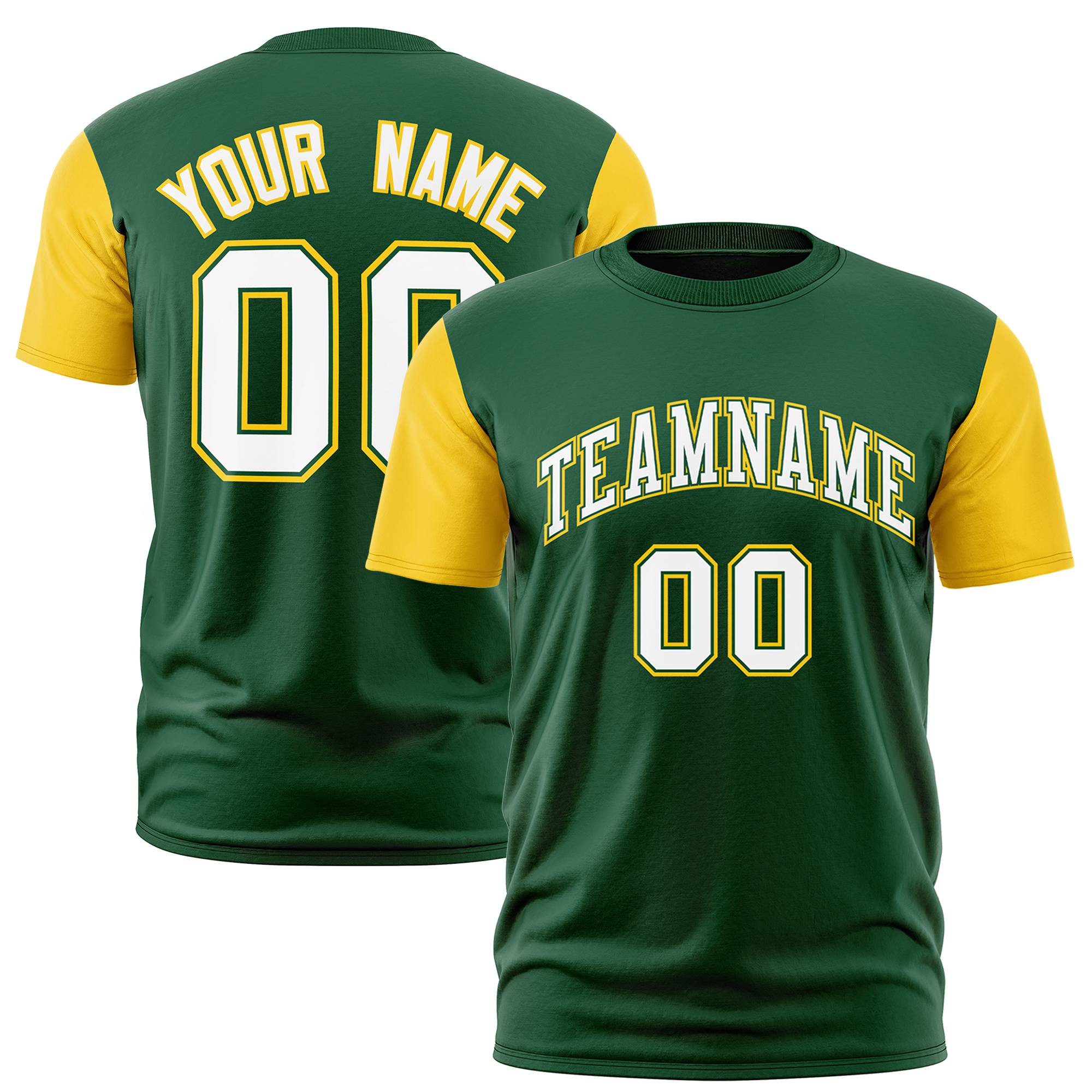 Custom Green Yellow White Crew Neck Personalized Raglan Sleeve Performance T-shirt