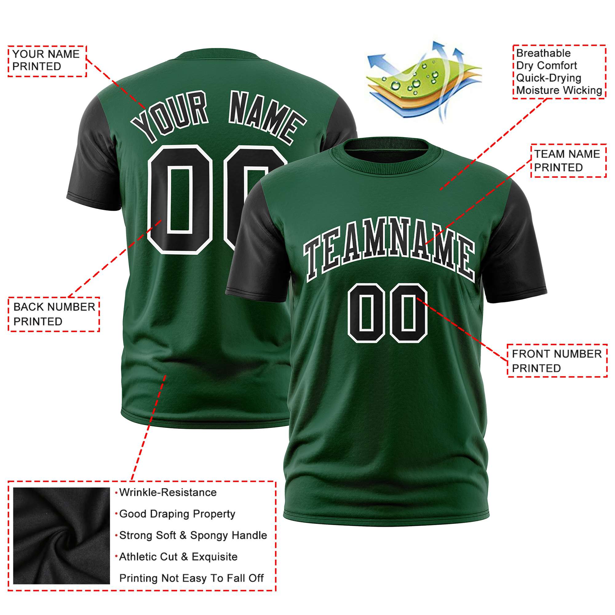 Custom Green Black White Crew Neck Personalized Raglan Sleeve Performance T-shirt