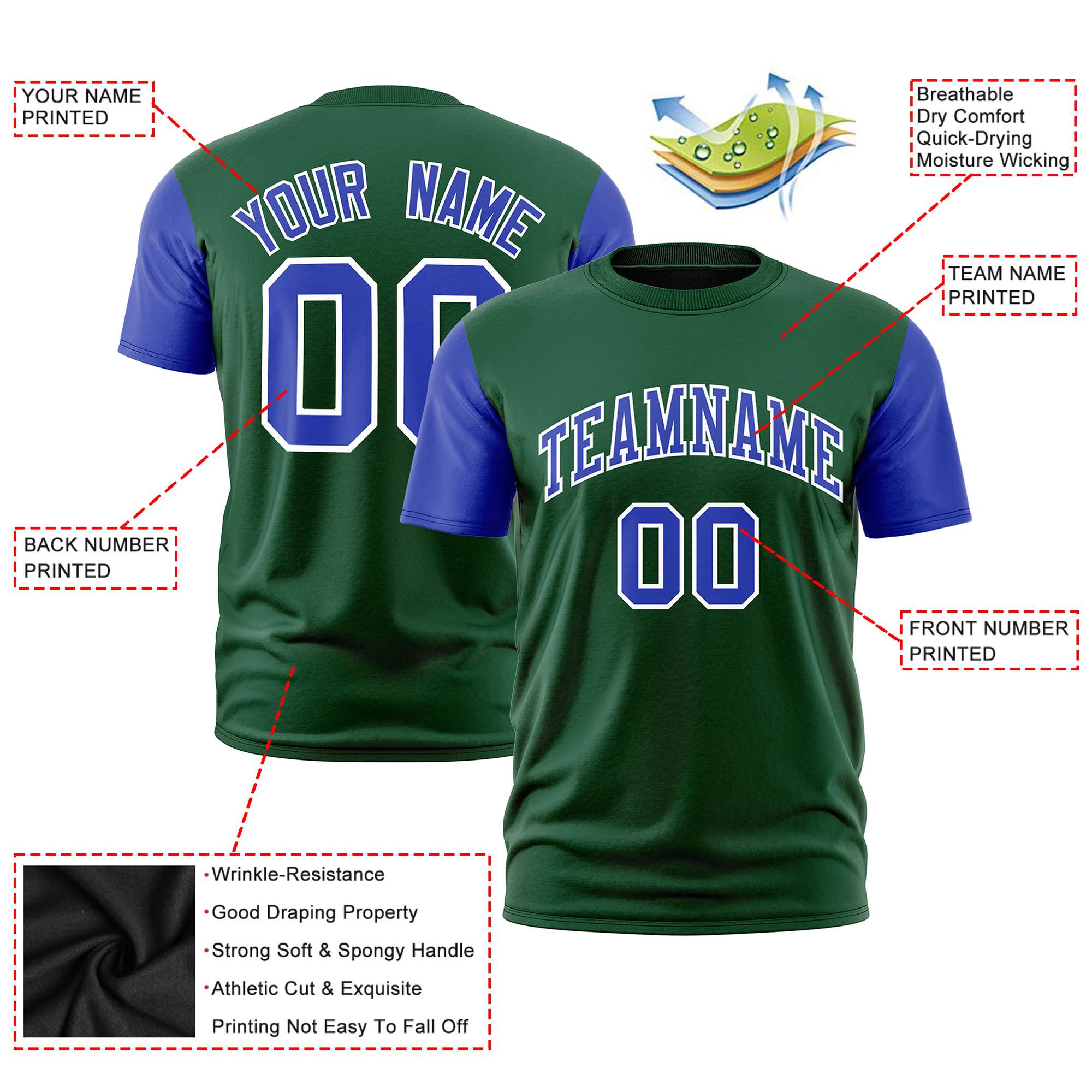 Custom Green Royal Blue White Crew Neck Personalized Raglan Sleeve Performance T-shirt