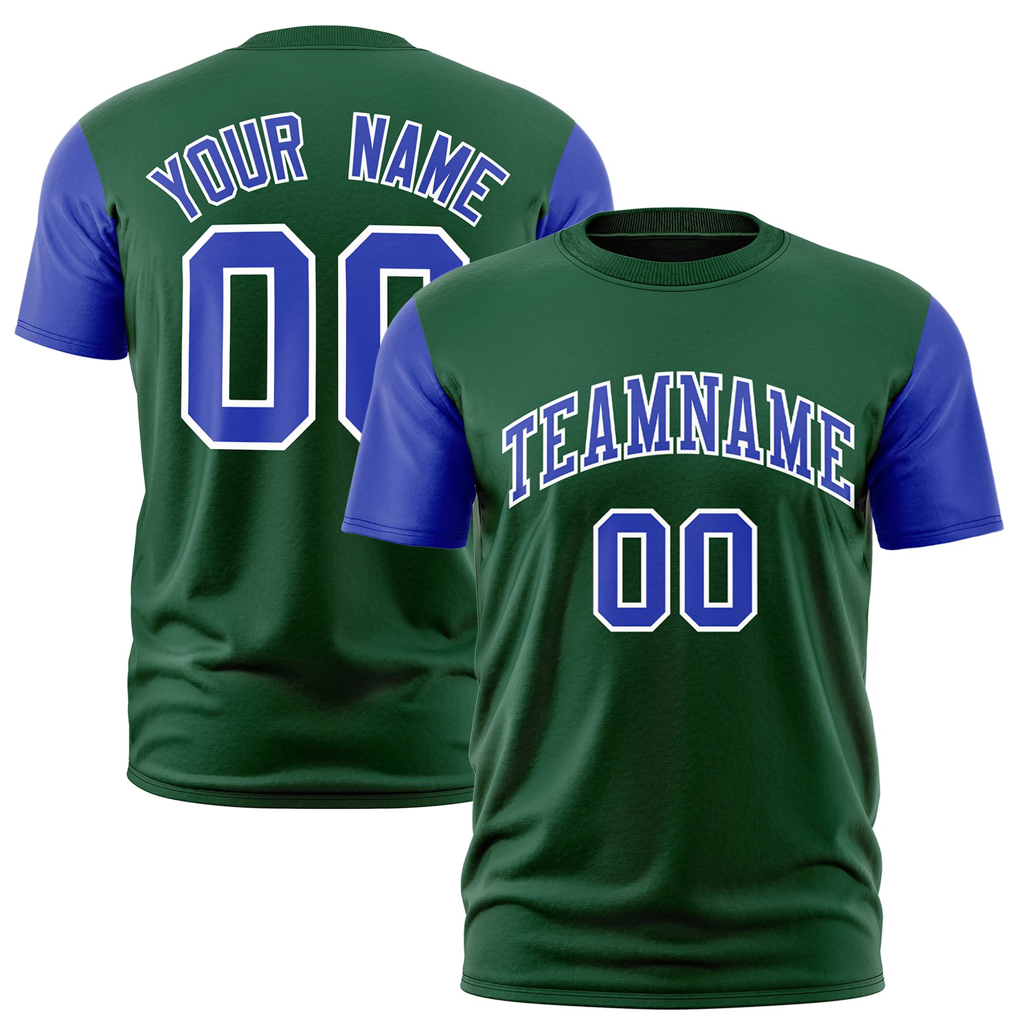 Custom Green Royal Blue White Crew Neck Personalized Raglan Sleeve Performance T-shirt