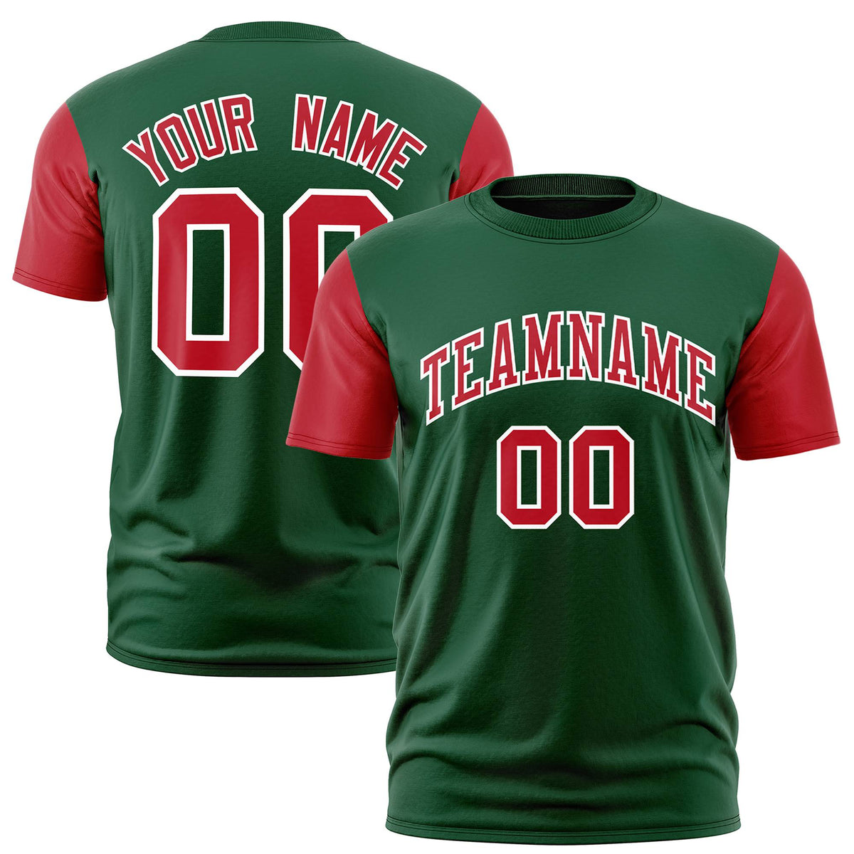 Custom Green Red White Crew Neck Personalized Raglan Sleeve Performance T-shirt