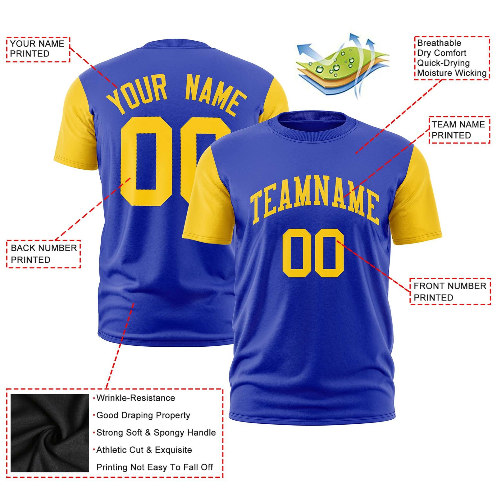 Custom Royal Blue Gold01 Crew Neck Personalized Raglan Sleeve Performance T-shirt