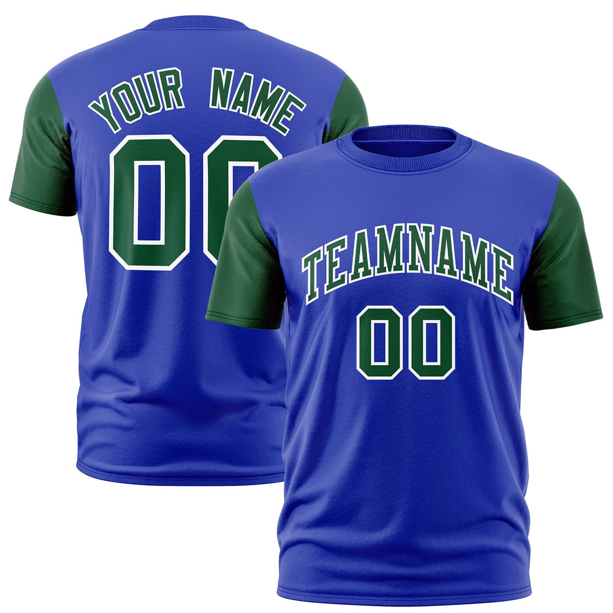 Custom Royal Blue Green White Crew Neck Personalized Raglan Sleeve Performance T-shirt