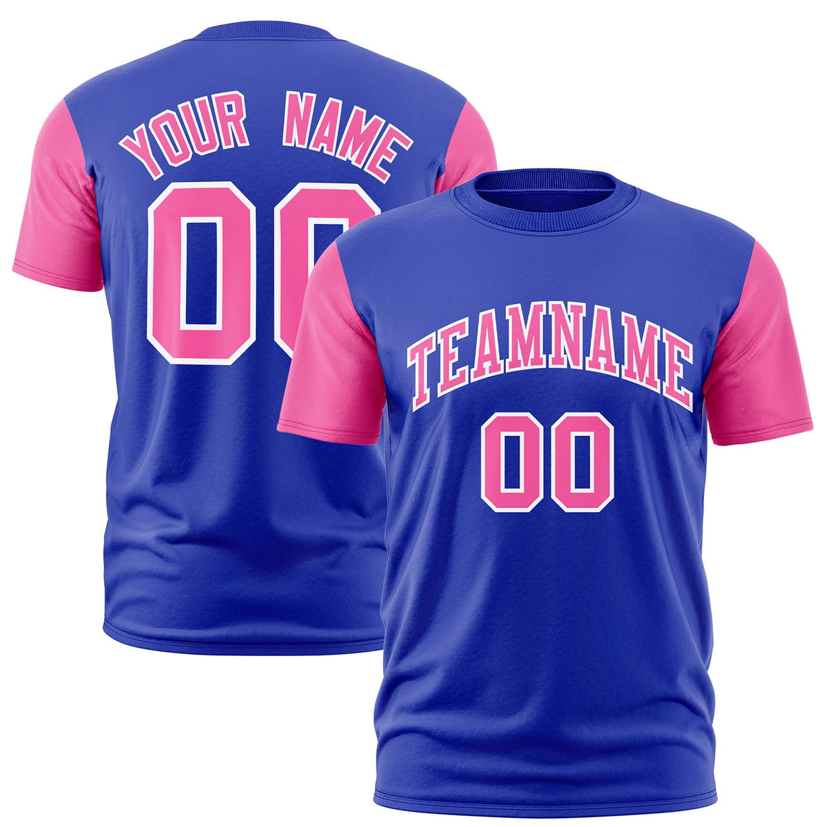 Custom Royal Blue Pink White Crew Neck Personalized Raglan Sleeve Performance T-shirt