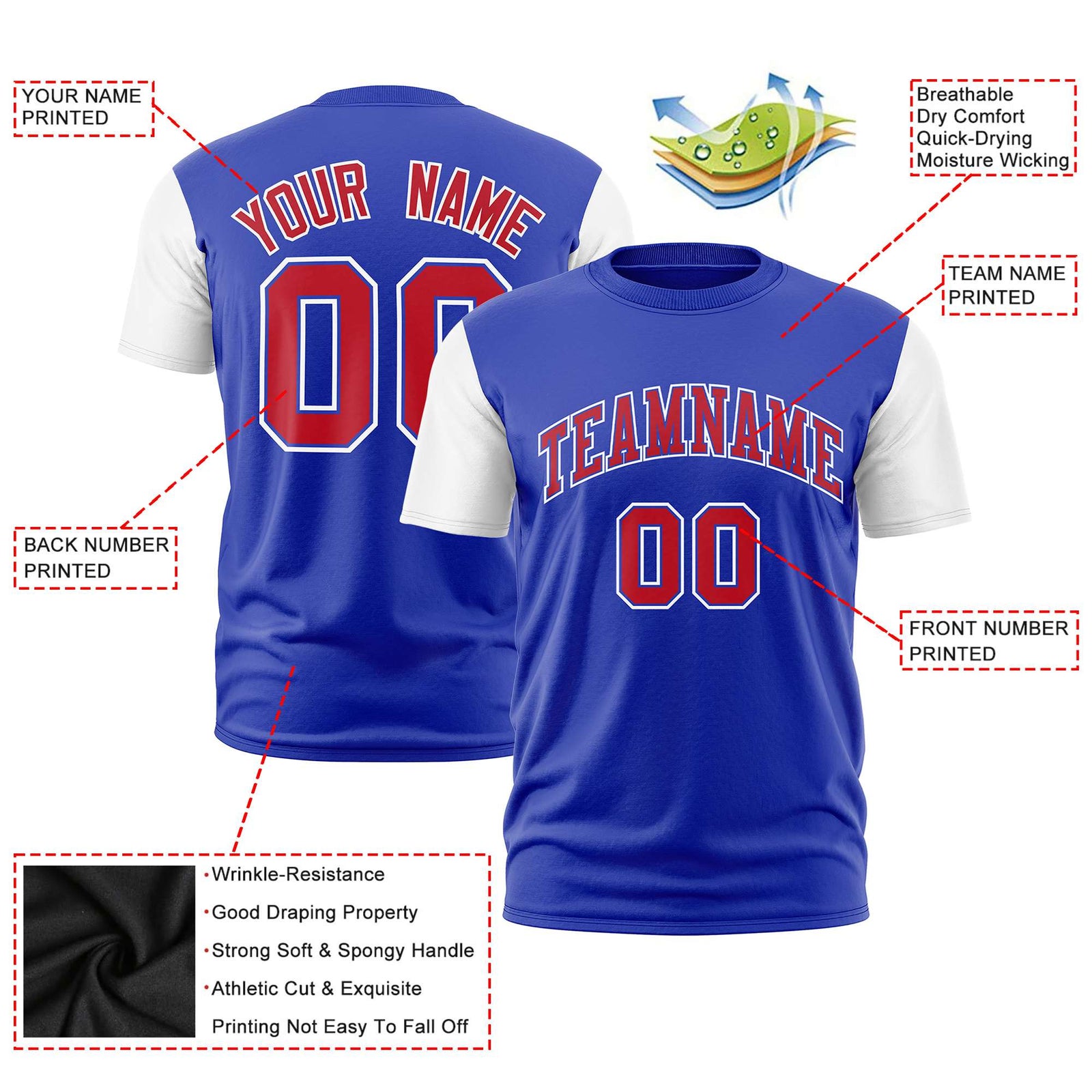 Custom Royal Blue Red White Crew Neck Personalized Raglan Sleeve Performance T-shirt