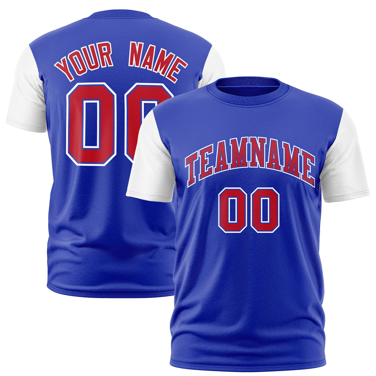 Custom Royal Blue Red White Crew Neck Personalized Raglan Sleeve Performance T-shirt