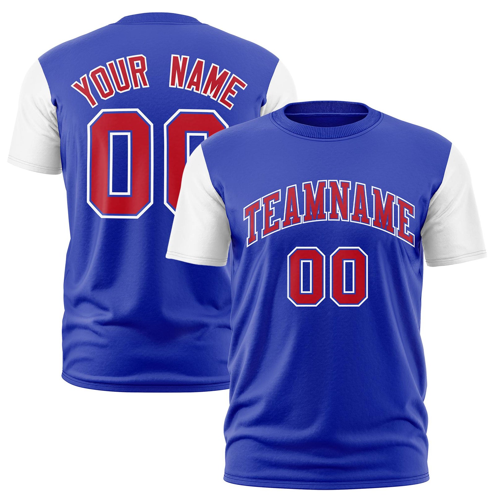 Custom Royal Blue Red White Crew Neck Personalized Raglan Sleeve Performance T-shirt