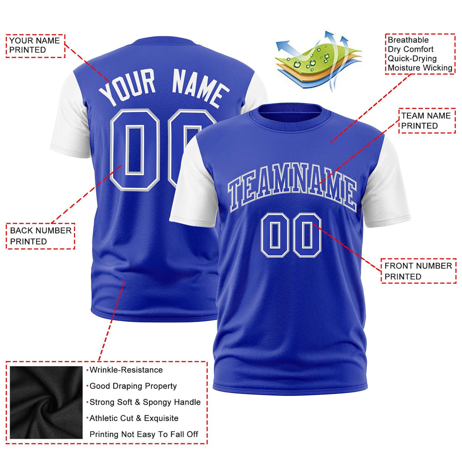 Custom Royal Blue White Crew Neck Personalized Raglan Sleeve Performance T-shirt