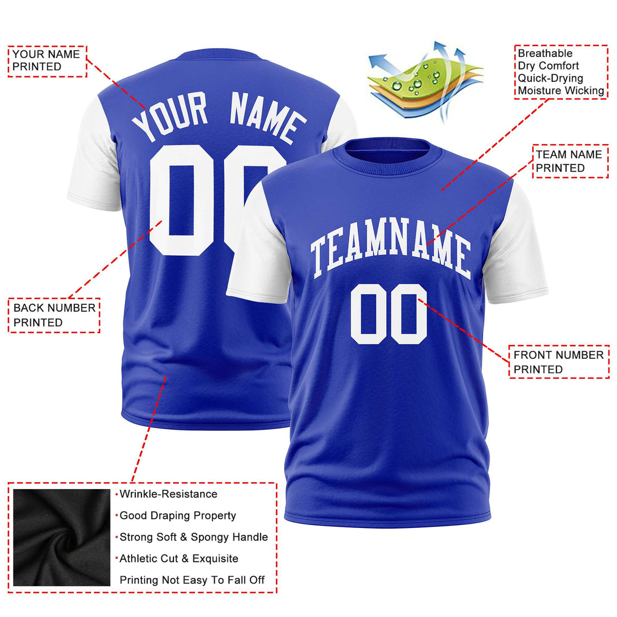 Custom Royal Blue White Crew Neck Personalized Raglan Sleeve Performance T-shirt