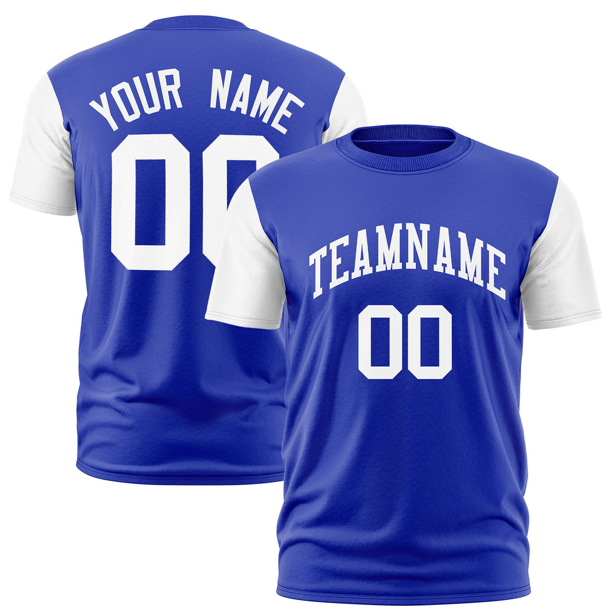 Custom Royal Blue White Crew Neck Personalized Raglan Sleeve Performance T-shirt