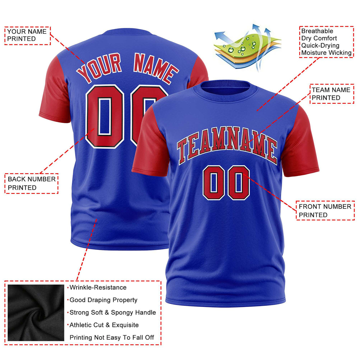 Custom Royal Blue Red White Crew Neck Personalized Raglan Sleeve Performance T-shirt