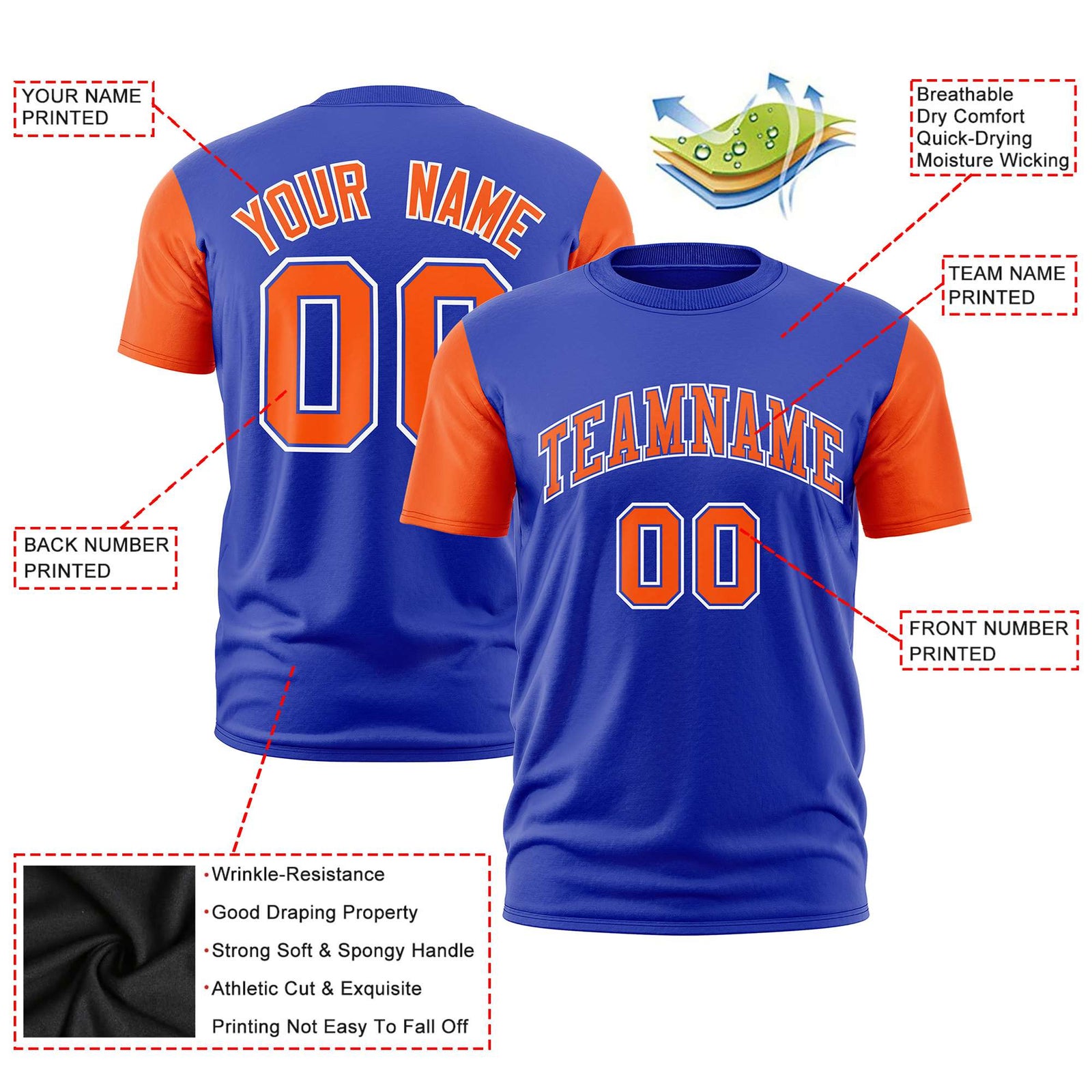 Custom Royal Blue Orange White Crew Neck Personalized Raglan Sleeve Performance T-shirt