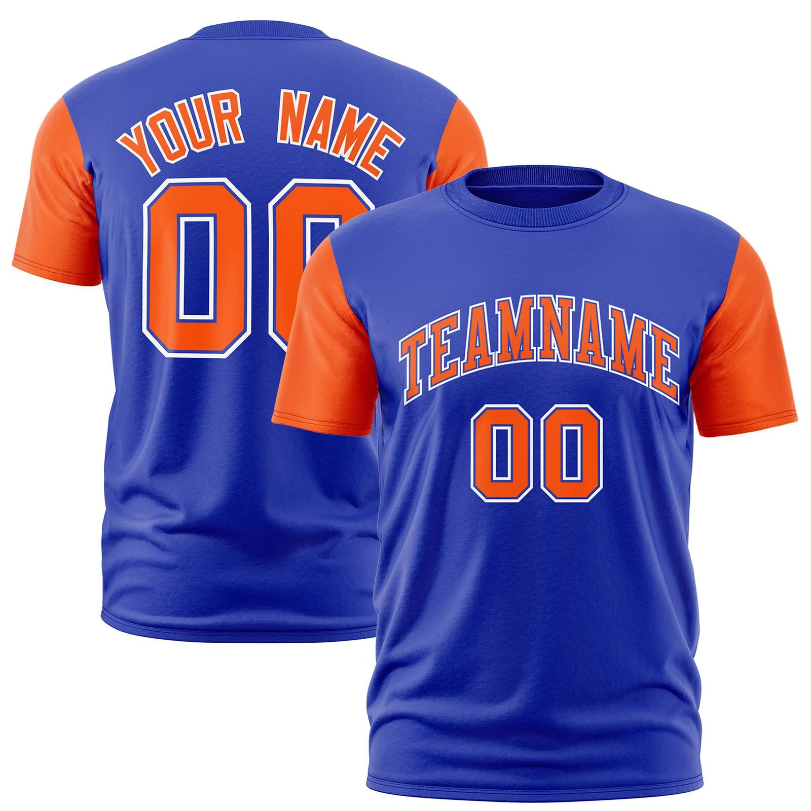 Custom Royal Blue Orange White Crew Neck Personalized Raglan Sleeve Performance T-shirt