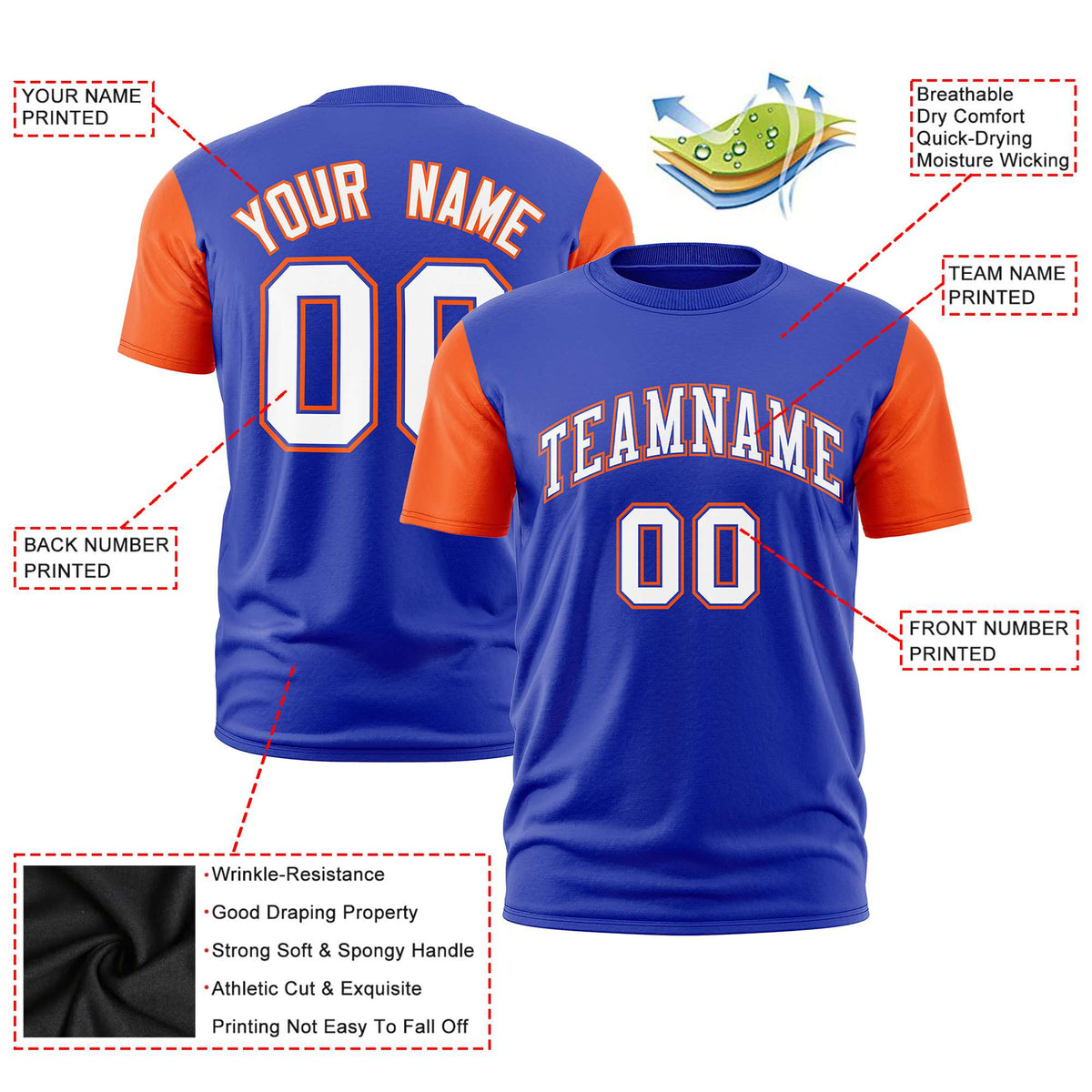 Custom Royal Blue Orange White Crew Neck Personalized Raglan Sleeve Performance T-shirt