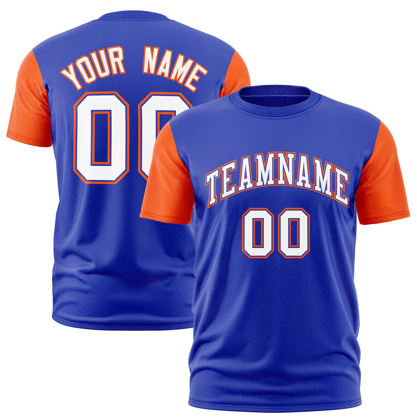 Custom Royal Blue Orange White Crew Neck Personalized Raglan Sleeve Performance T-shirt