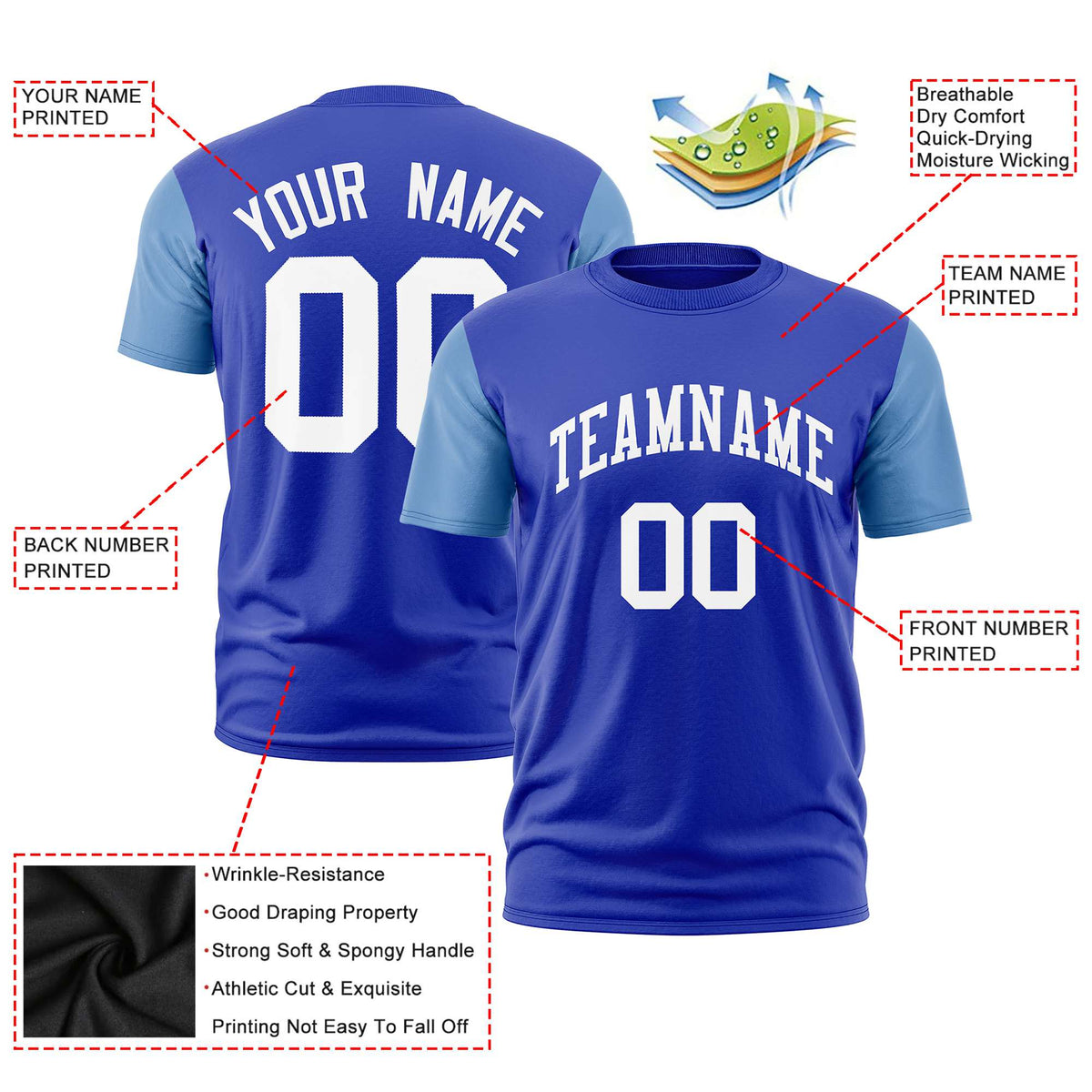 Custom Royal Blue Light Blue White Crew Neck Personalized Raglan Sleeve Performance T-shirt