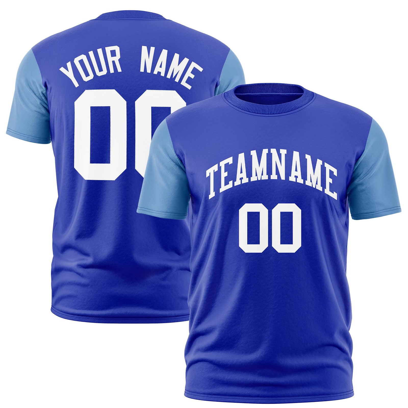 Custom Royal Blue Light Blue White Crew Neck Personalized Raglan Sleeve Performance T-shirt