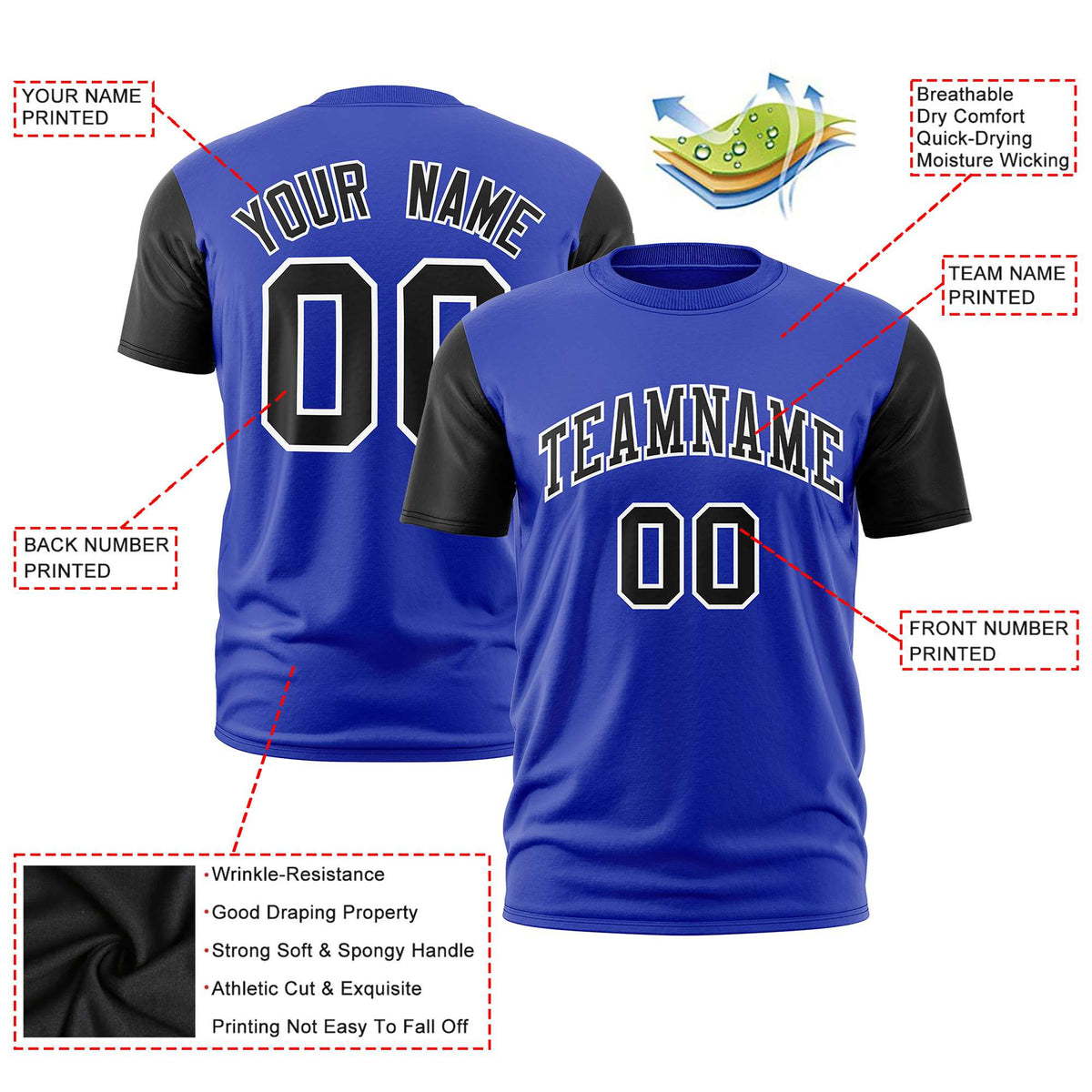 Custom Royal Blue Black White Crew Neck Personalized Raglan Sleeve Performance T-shirt