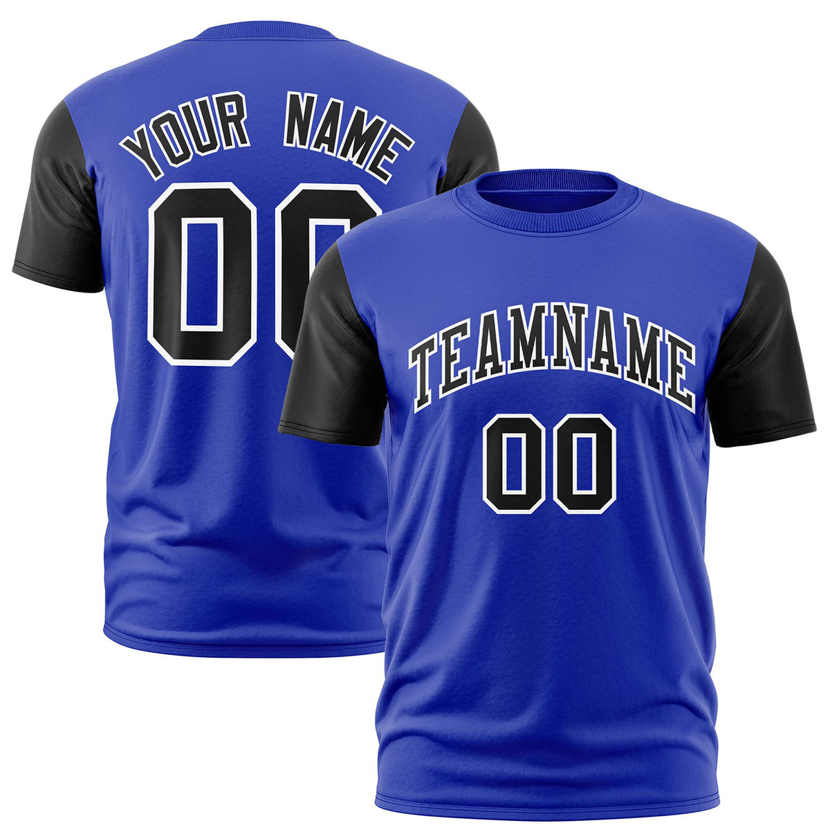 Custom Royal Blue Black White Crew Neck Personalized Raglan Sleeve Performance T-shirt