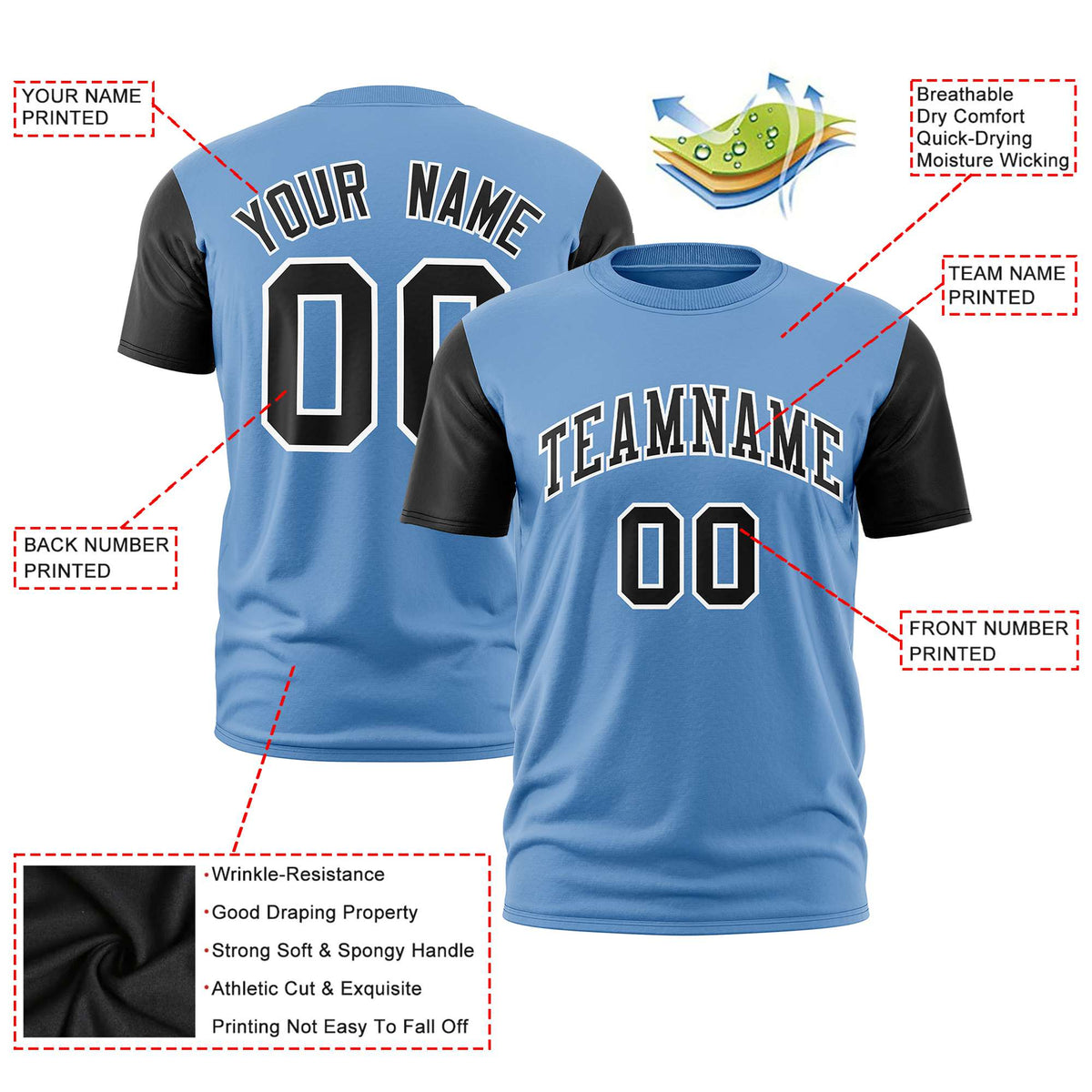 Custom Light Blue Black White Crew Neck Personalized Raglan Sleeve Performance T-shirt