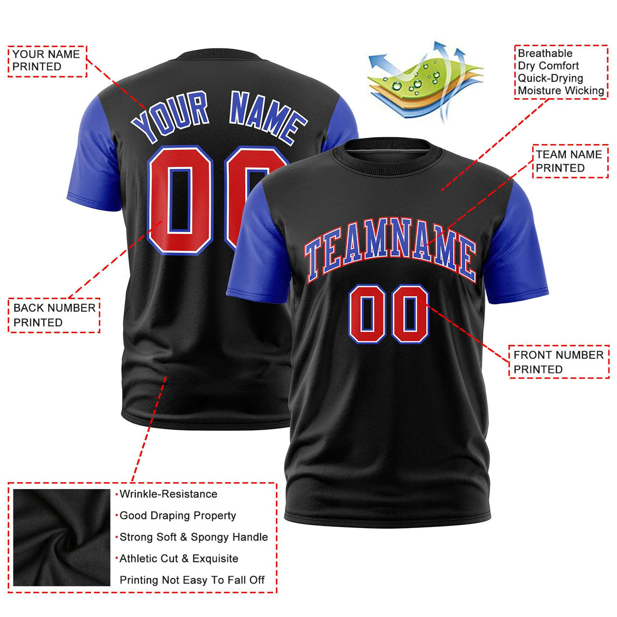 Custom Black Royal Blue Red Crew Neck Personalized Raglan Sleeve Performance T-shirt