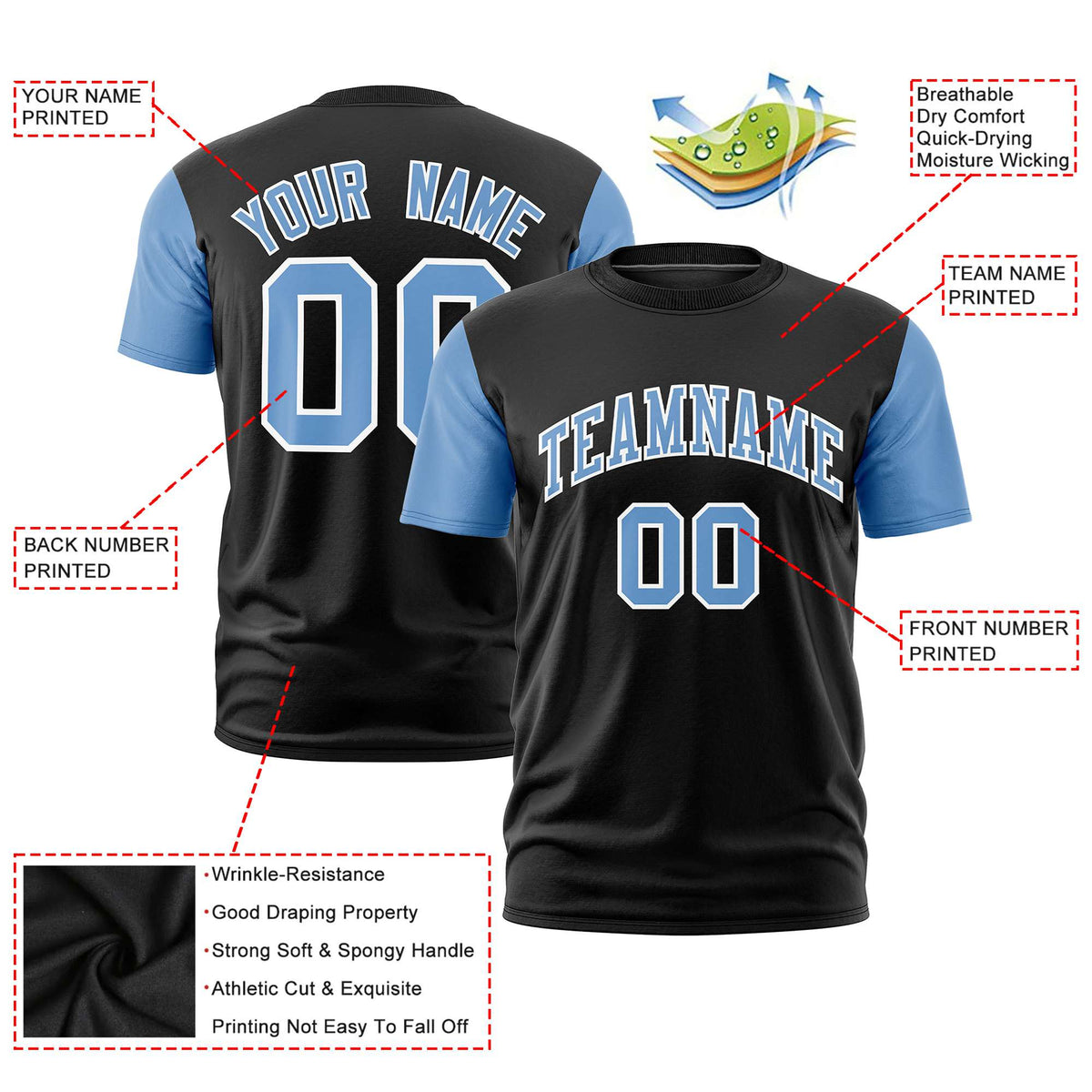 Custom Black Light Blue White Crew Neck Personalized Raglan Sleeve Performance T-shirt