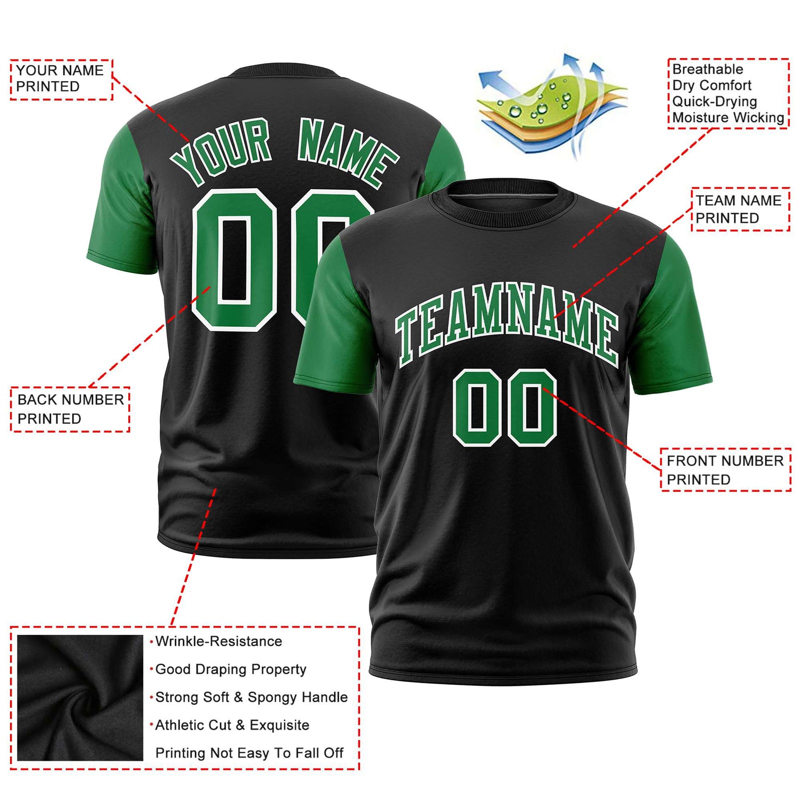 Custom Black Kelly Green White Crew Neck Personalized Raglan Sleeve Performance T-shirt