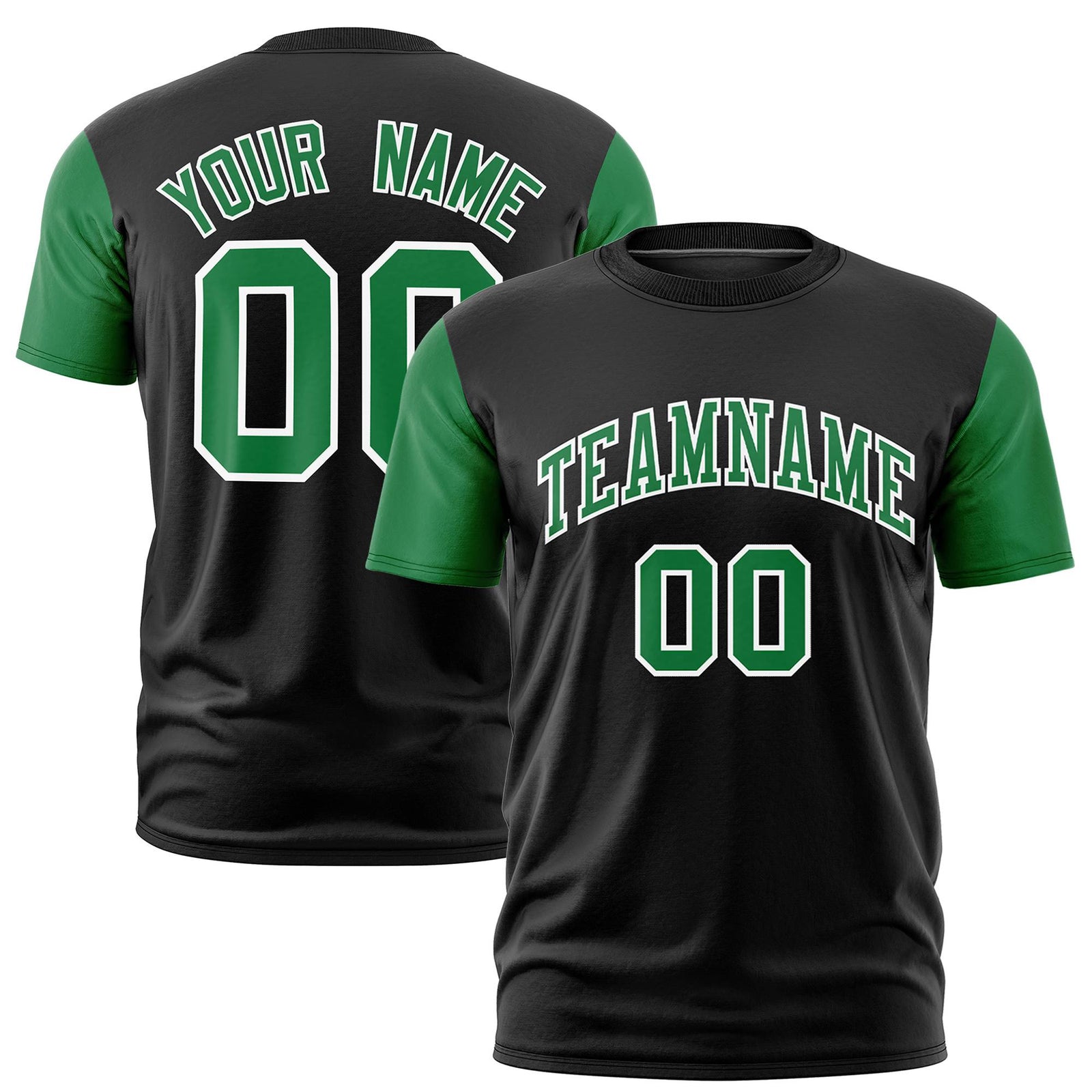Custom Black Kelly Green White Crew Neck Personalized Raglan Sleeve Performance T-shirt