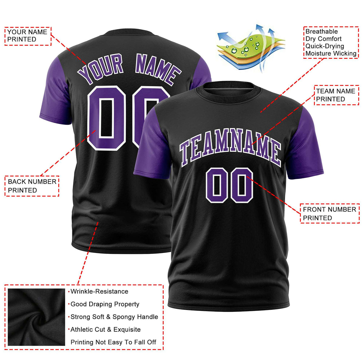 Custom Black Purple White Crew Neck Personalized Raglan Sleeve Performance T-shirt