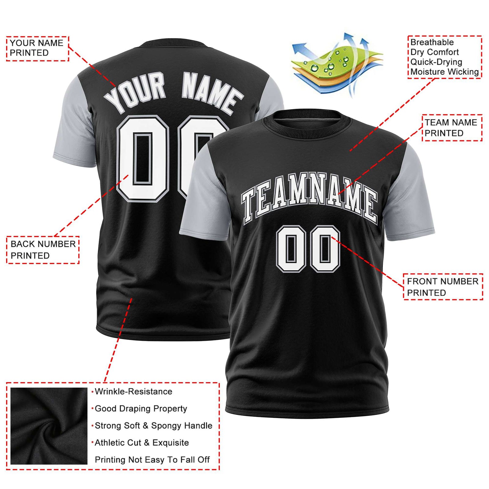 Custom Black Gray White Crew Neck Personalized Raglan Sleeve Performance T-shirt