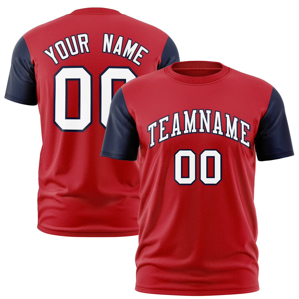 Custom Red Navy White Crew Neck Personalized Raglan Sleeve Performance T-shirt