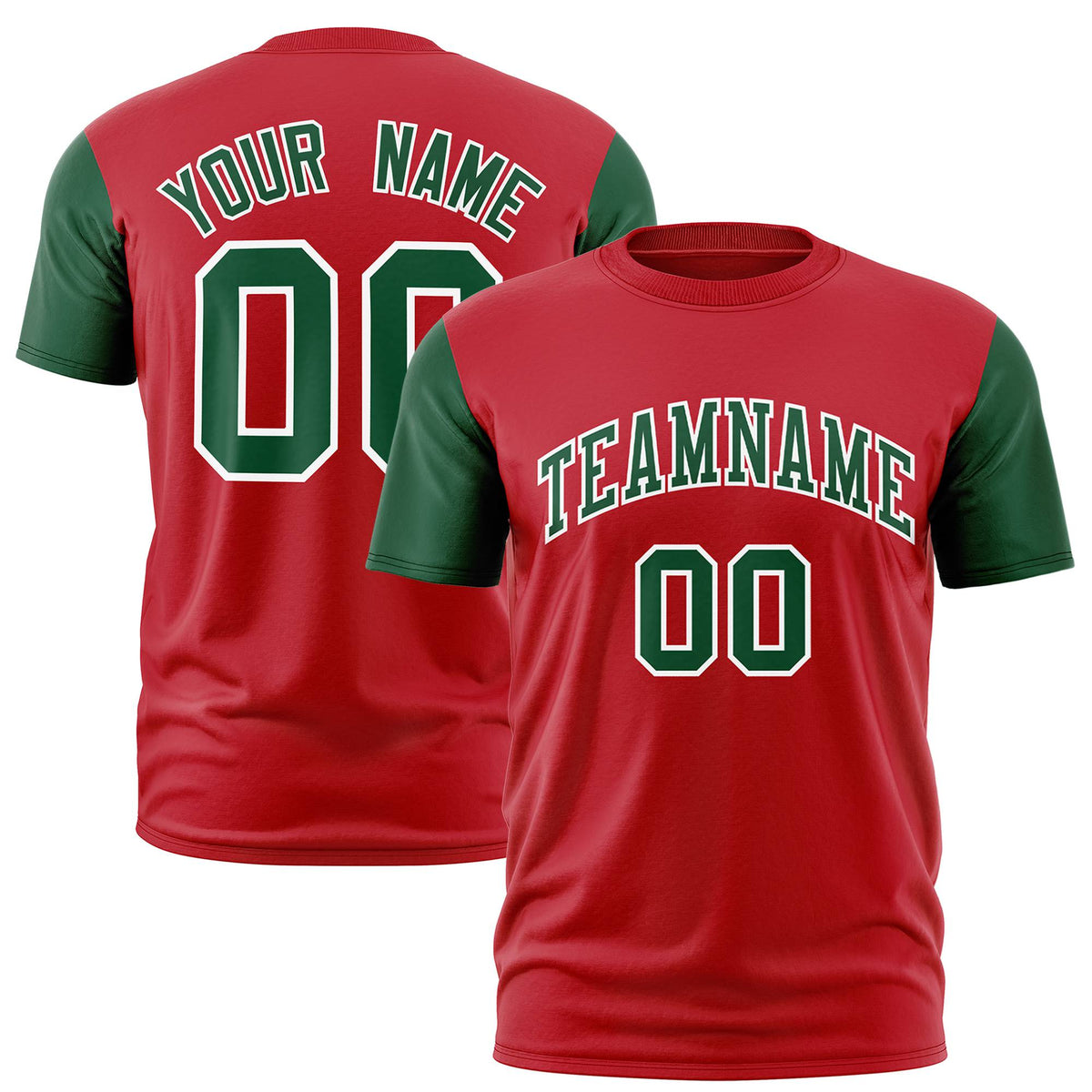 Custom Red Green White Crew Neck Personalized Raglan Sleeve Performance T-shirt