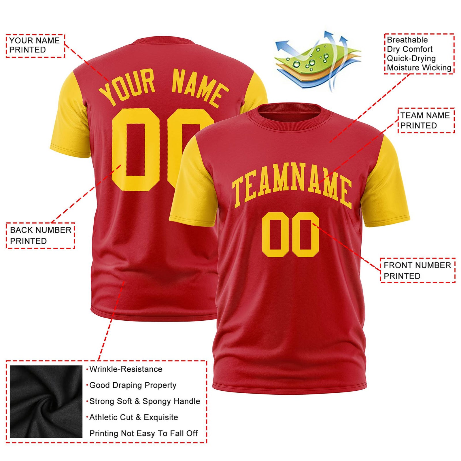 Custom Red Yellow Crew Neck Personalized Raglan Sleeve Performance T-shirt