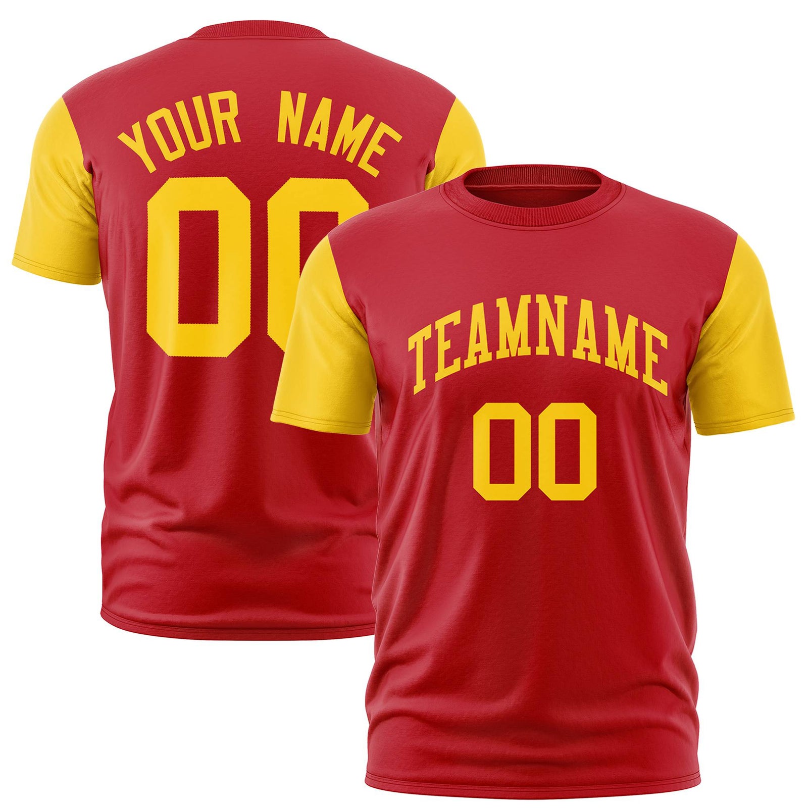 Custom Red Yellow Crew Neck Personalized Raglan Sleeve Performance T-shirt