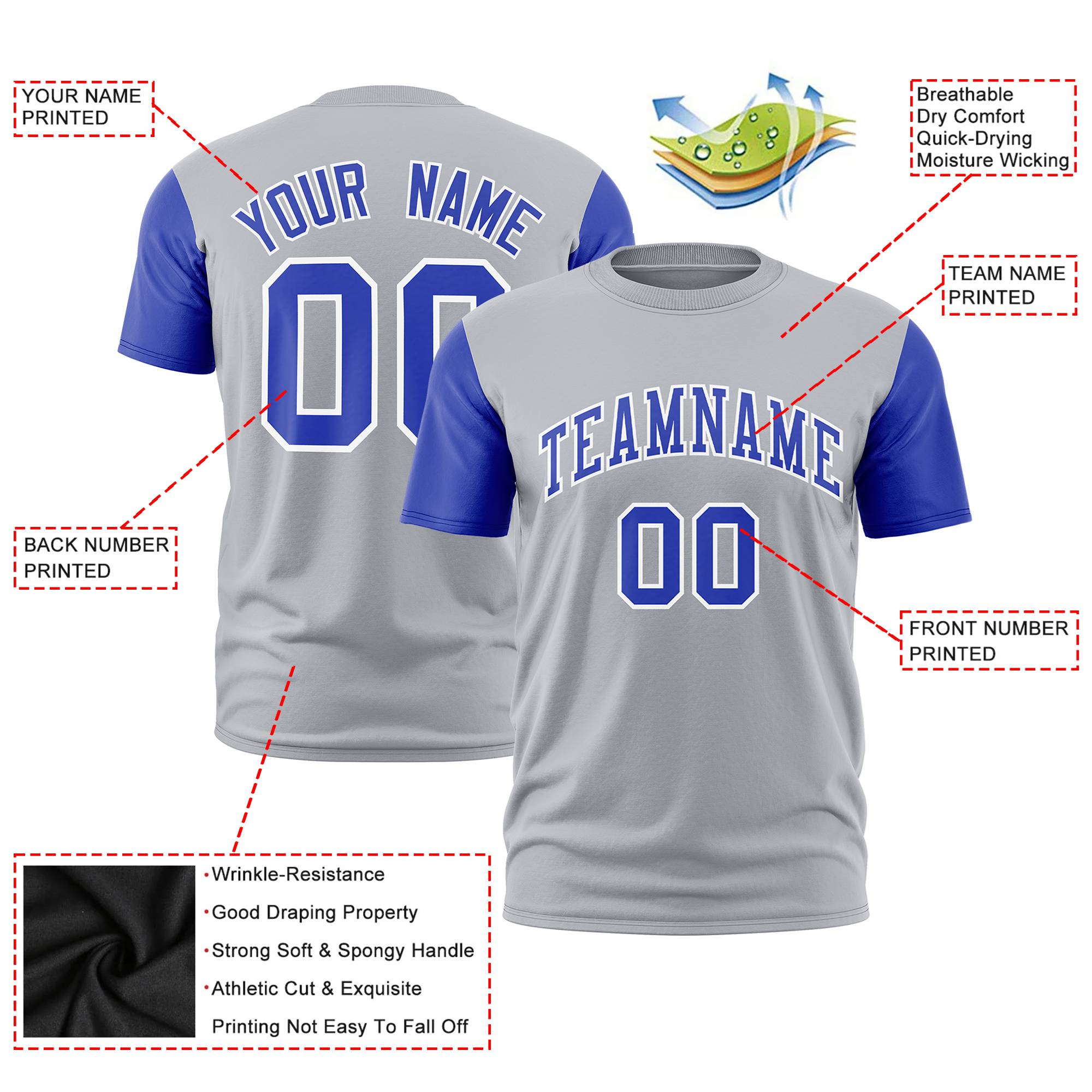 Custom Gray Royal Blue White Crew Neck Personalized Raglan Sleeve Performance T-shirt