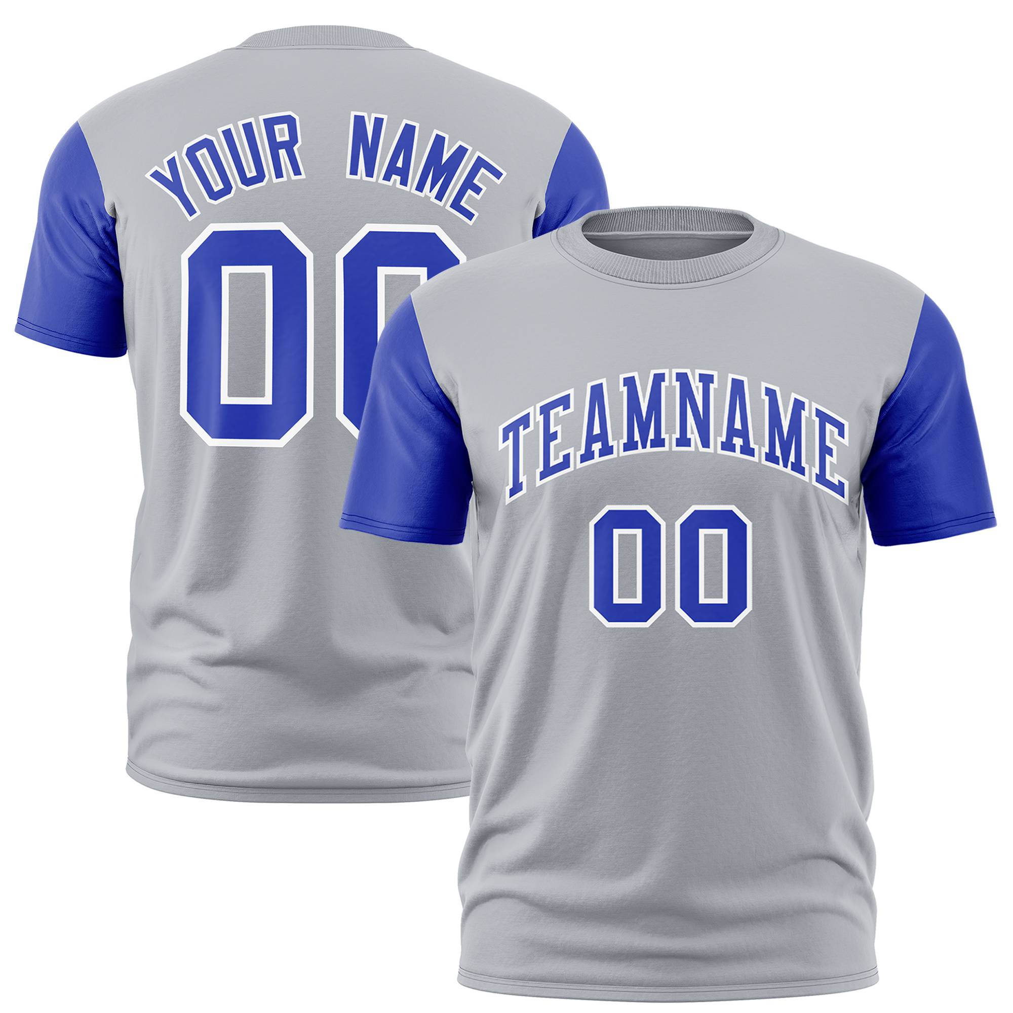 Custom Gray Royal Blue White Crew Neck Personalized Raglan Sleeve Performance T-shirt