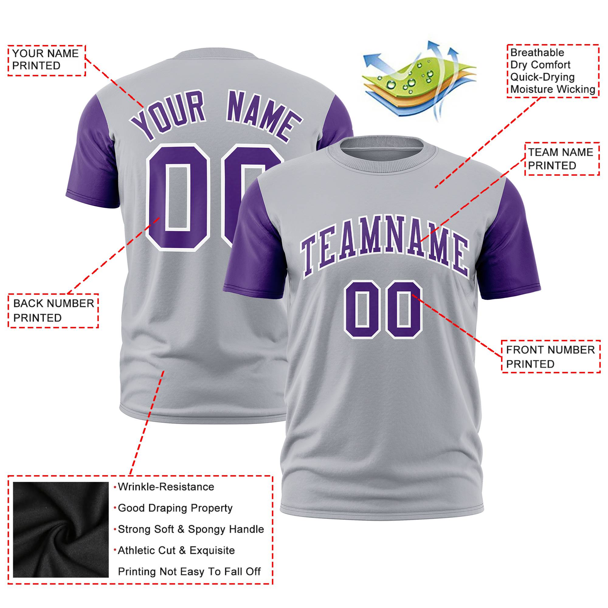 Custom Gray Purple White Crew Neck Personalized Raglan Sleeve Performance T-shirt