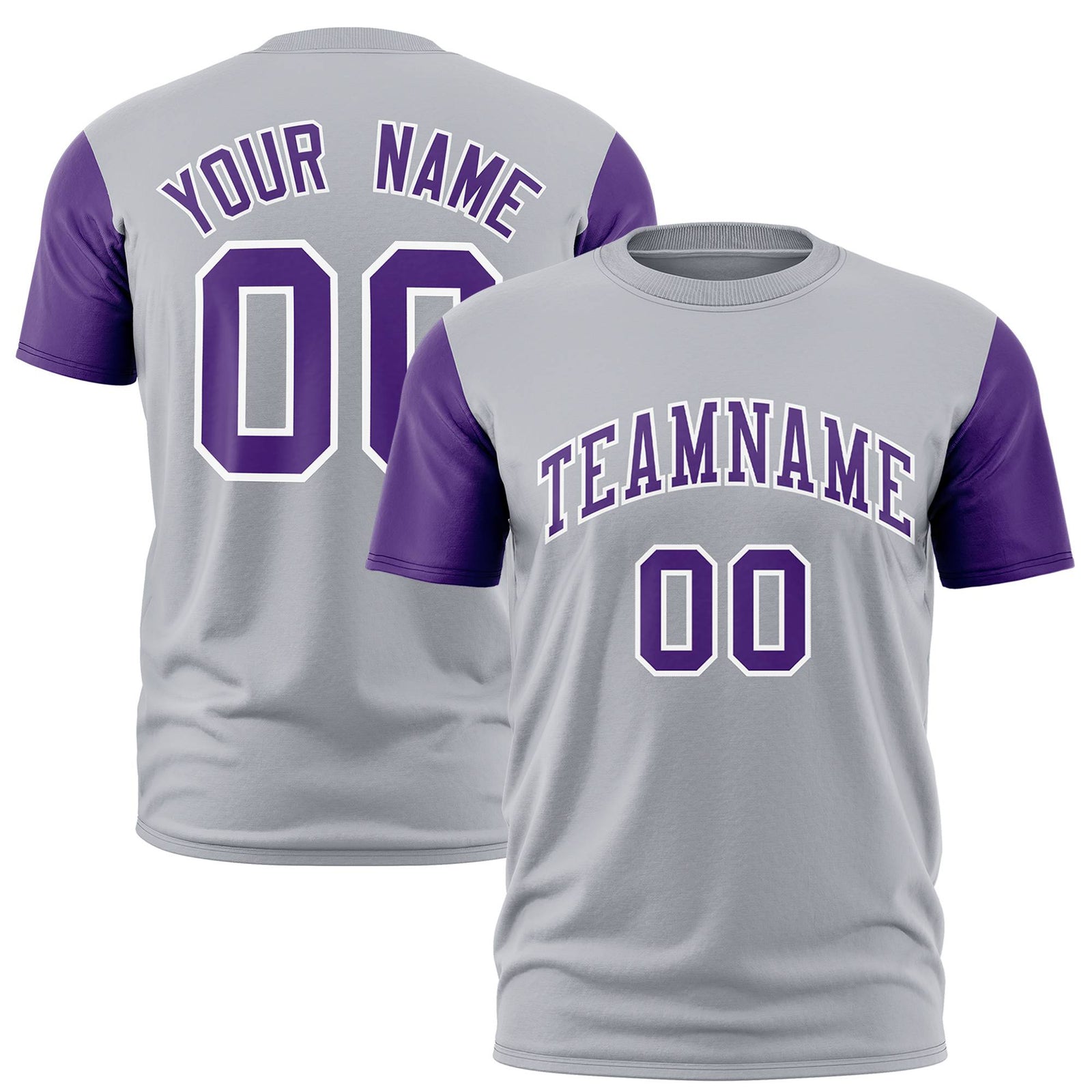 Custom Gray Purple White Crew Neck Personalized Raglan Sleeve Performance T-shirt