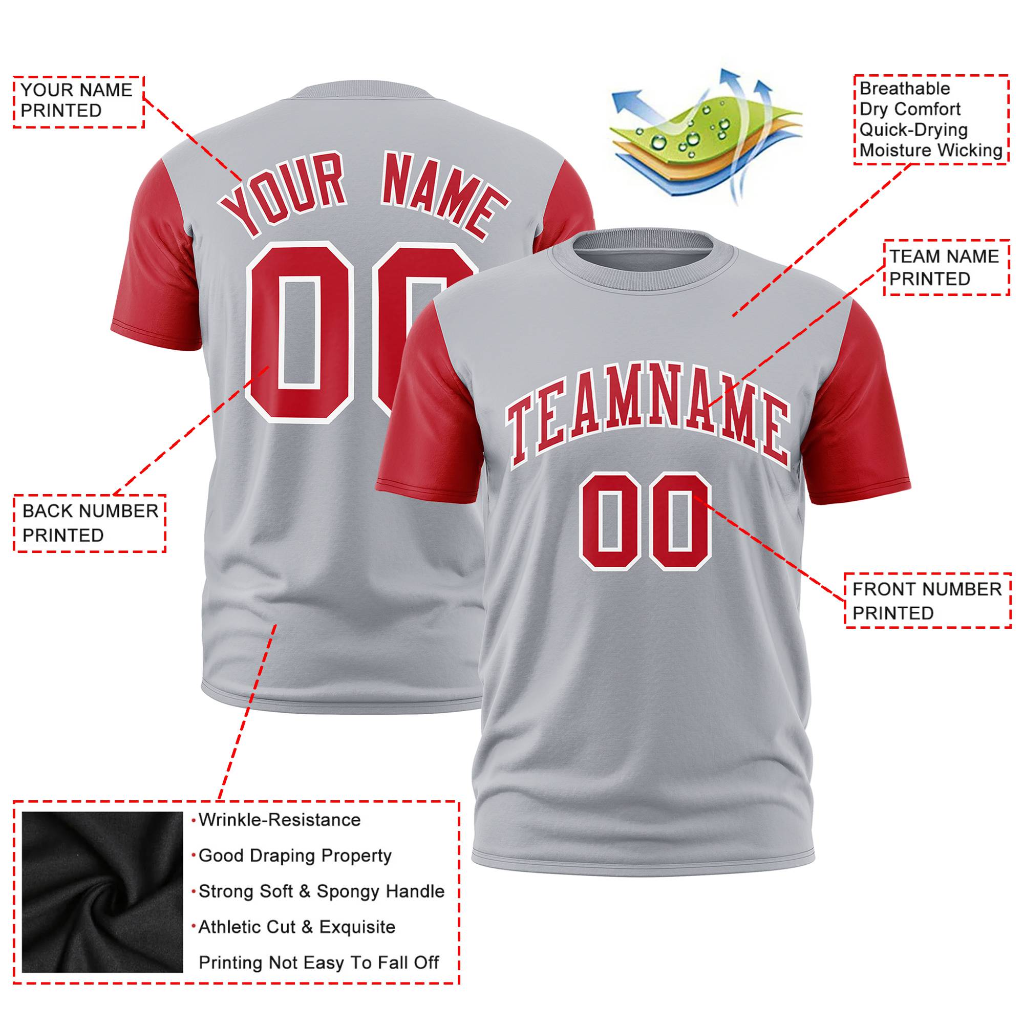 Custom Gray Red White Crew Neck Personalized Raglan Sleeve Performance T-shirt