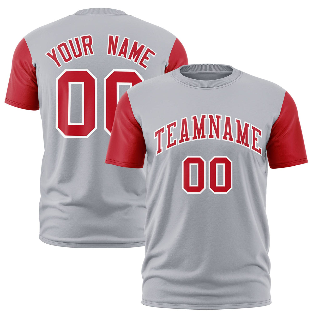 Custom Gray Red White Crew Neck Personalized Raglan Sleeve Performance T-shirt