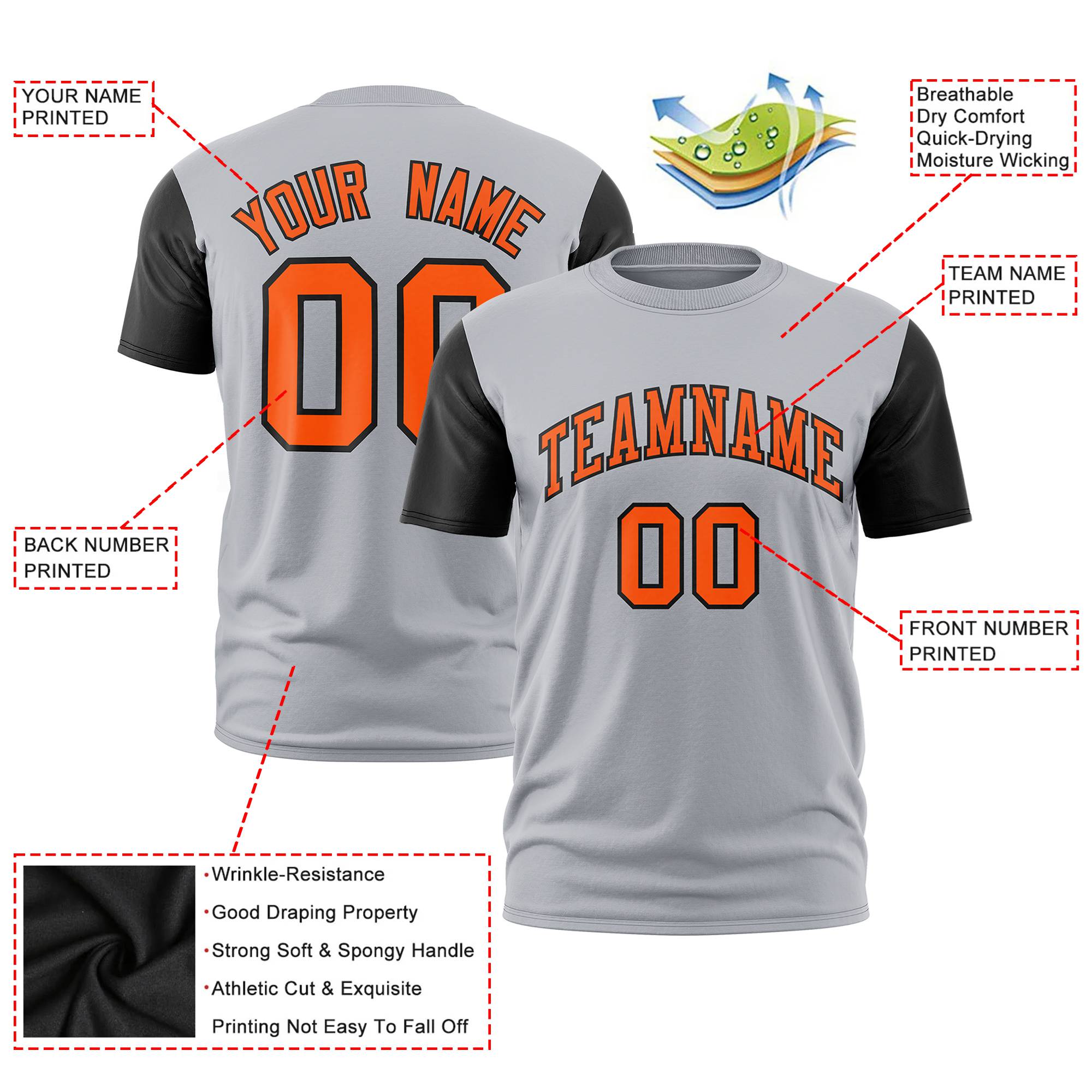 Custom Gray Orange White Crew Neck Personalized Raglan Sleeve Performance T-shirt