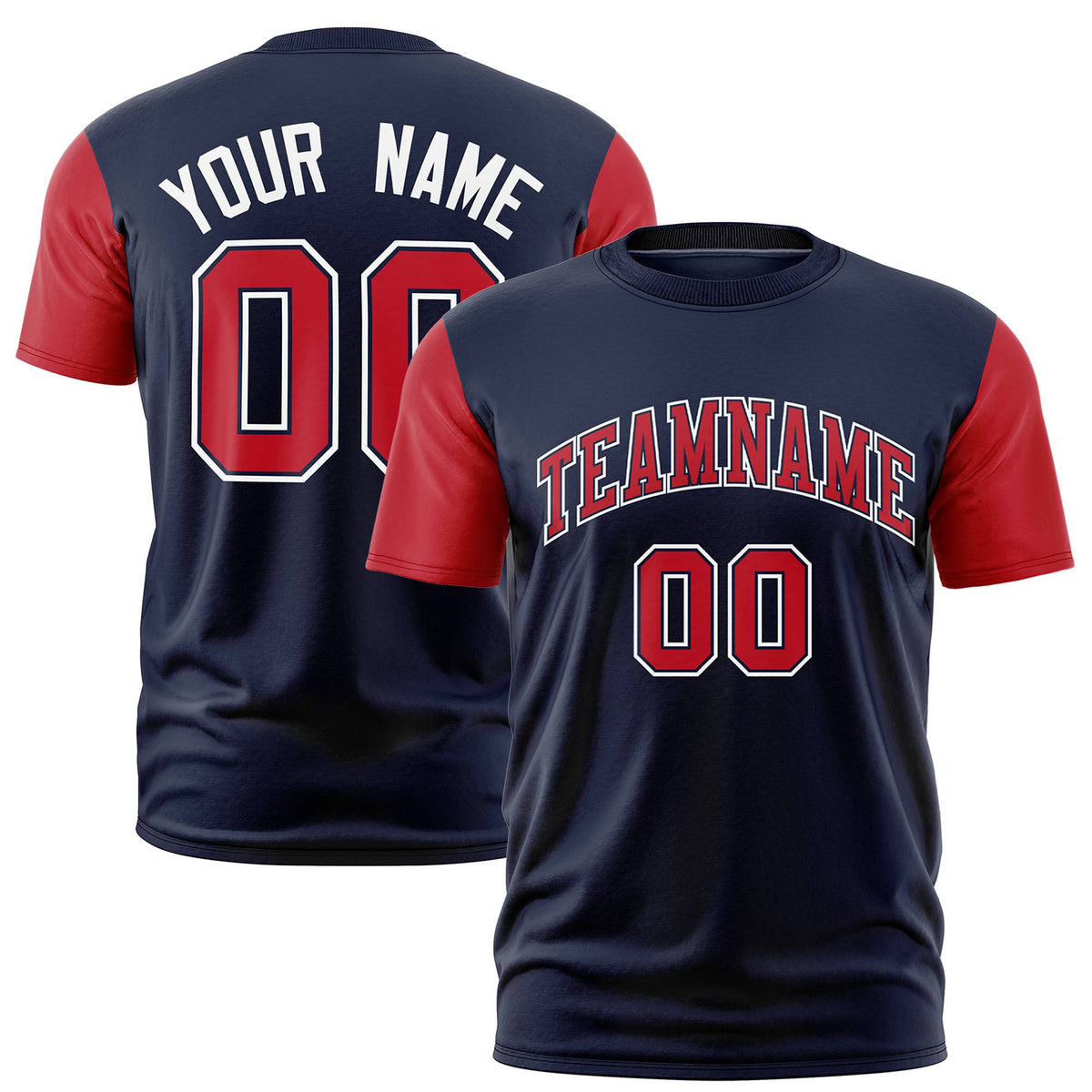 Custom Navy Red White Crew Neck Personalized Raglan Sleeve Performance T-shirt
