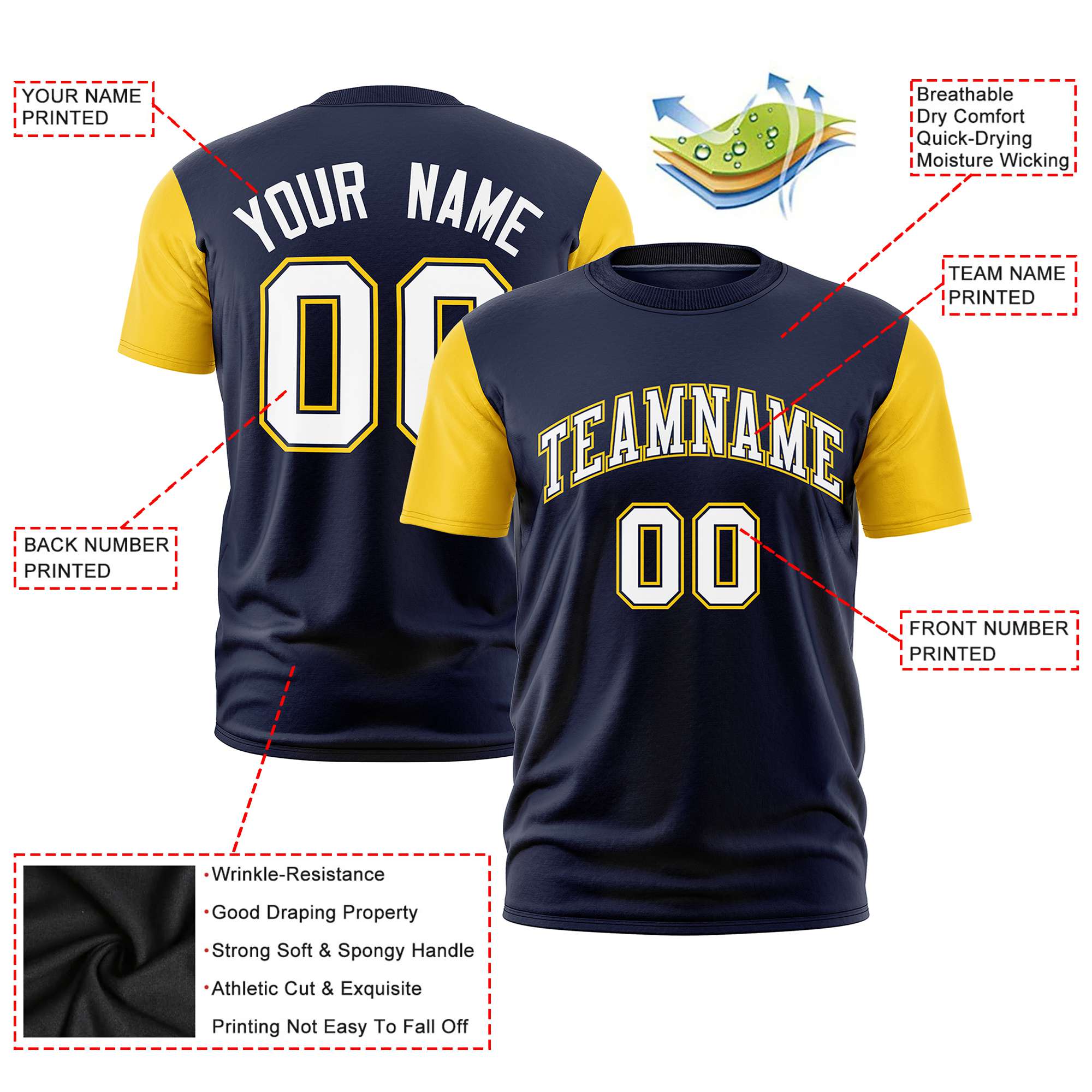 Custom Navy Gold01 White Crew Neck Personalized Raglan Sleeve Performance T-shirt