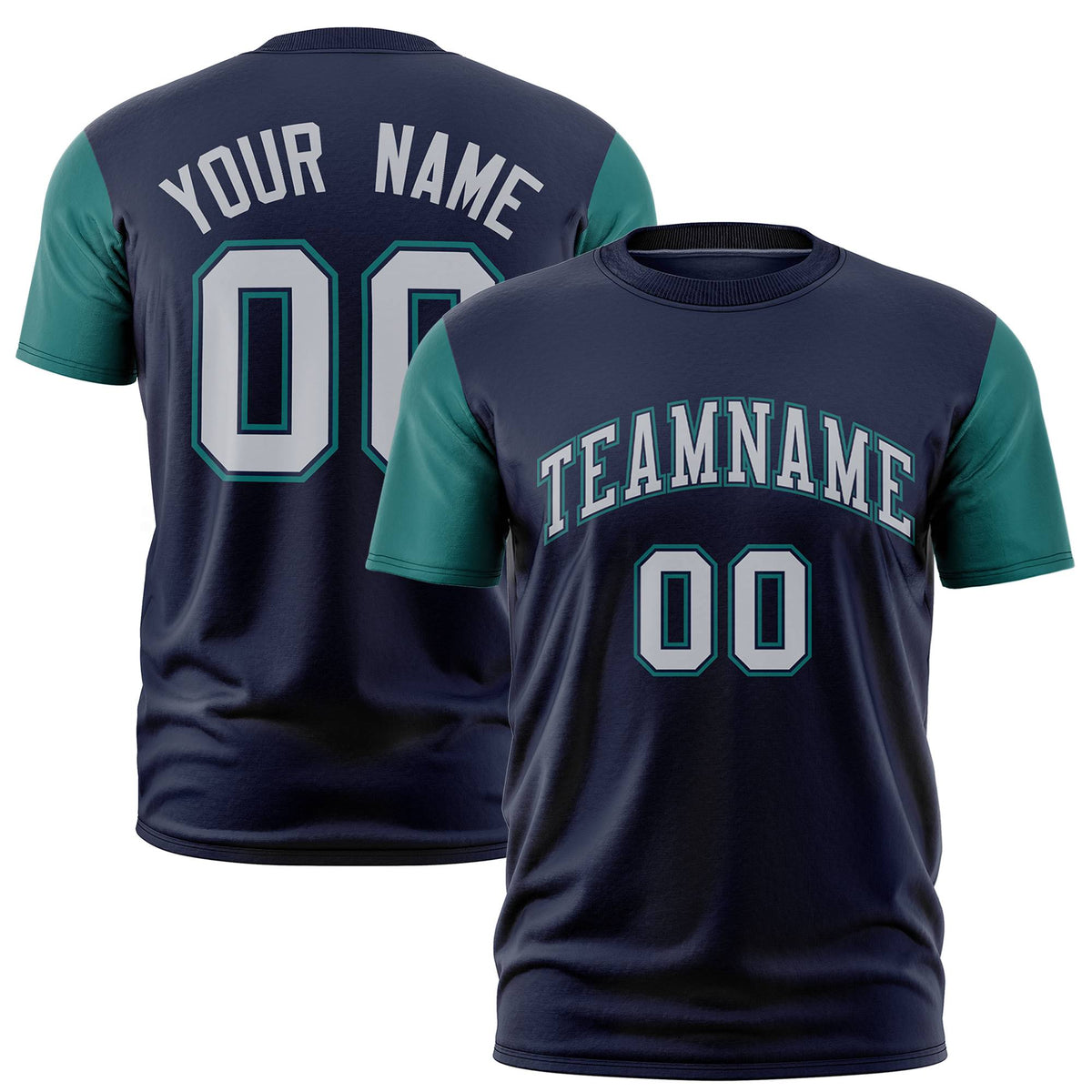 Custom Navy Midnight Green Gray Crew Neck Personalized Raglan Sleeve Performance T-shirt