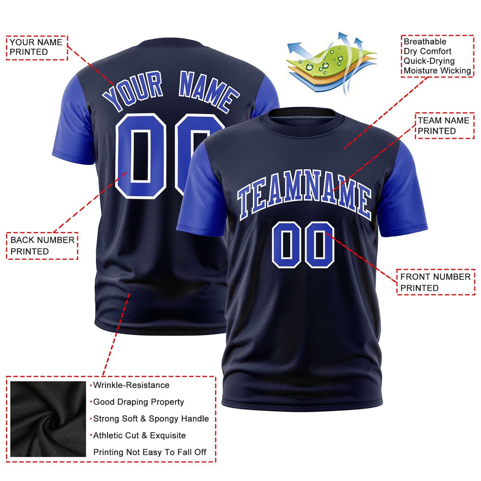 Custom Navy Royal Blue White Crew Neck Personalized Raglan Sleeve Performance T-shirt