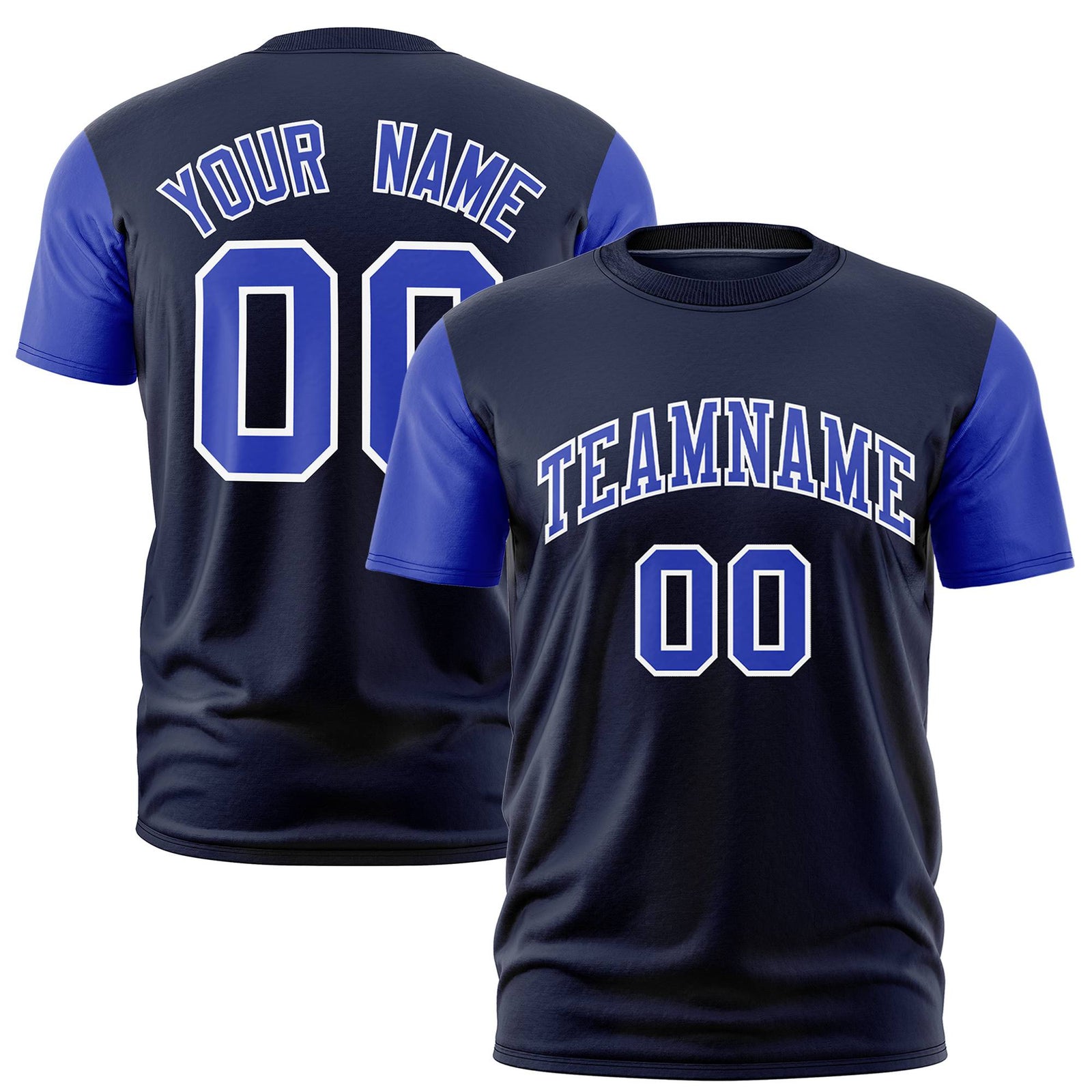 Custom Navy Royal Blue White Crew Neck Personalized Raglan Sleeve Performance T-shirt