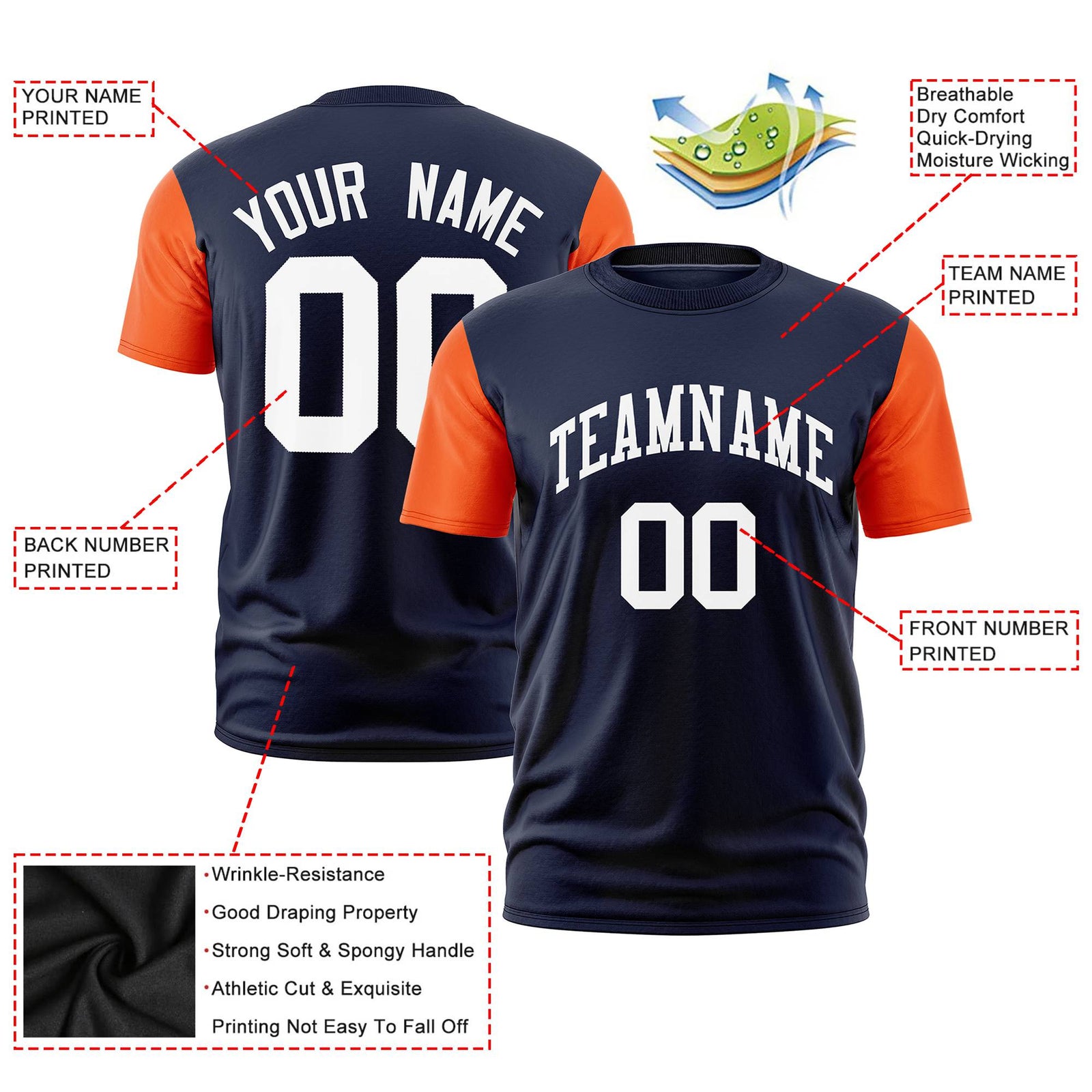 Custom Navy Orange White Crew Neck Personalized Raglan Sleeve Performance T-shirt