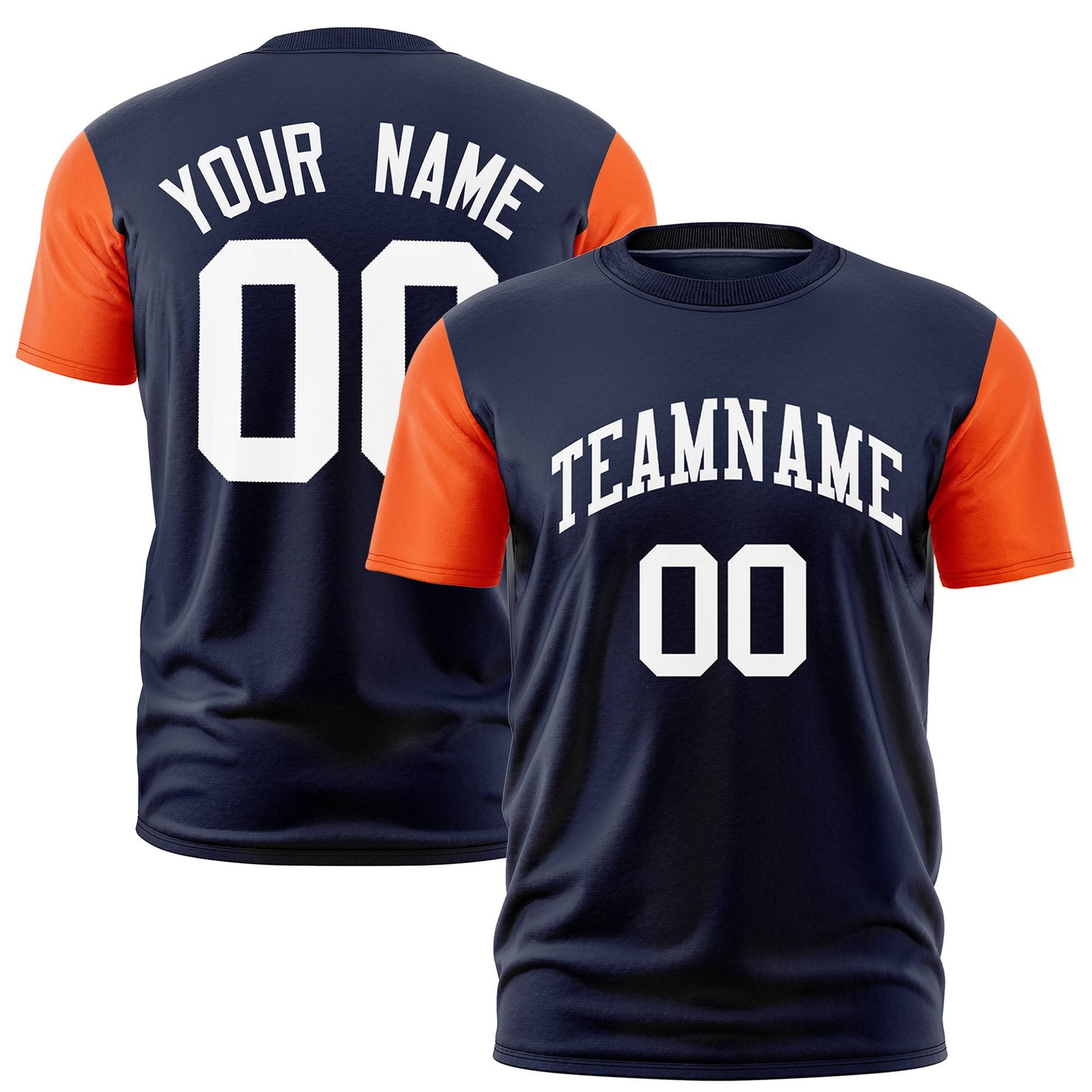 Custom Navy Orange White Crew Neck Personalized Raglan Sleeve Performance T-shirt