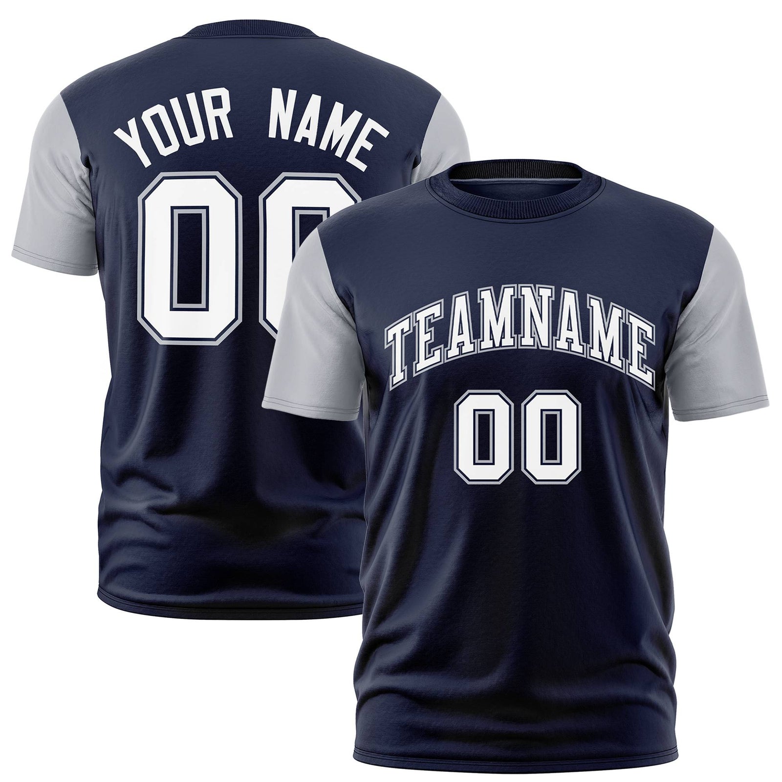 Custom Navy Gray White Crew Neck Personalized Raglan Sleeve Performance T-shirt